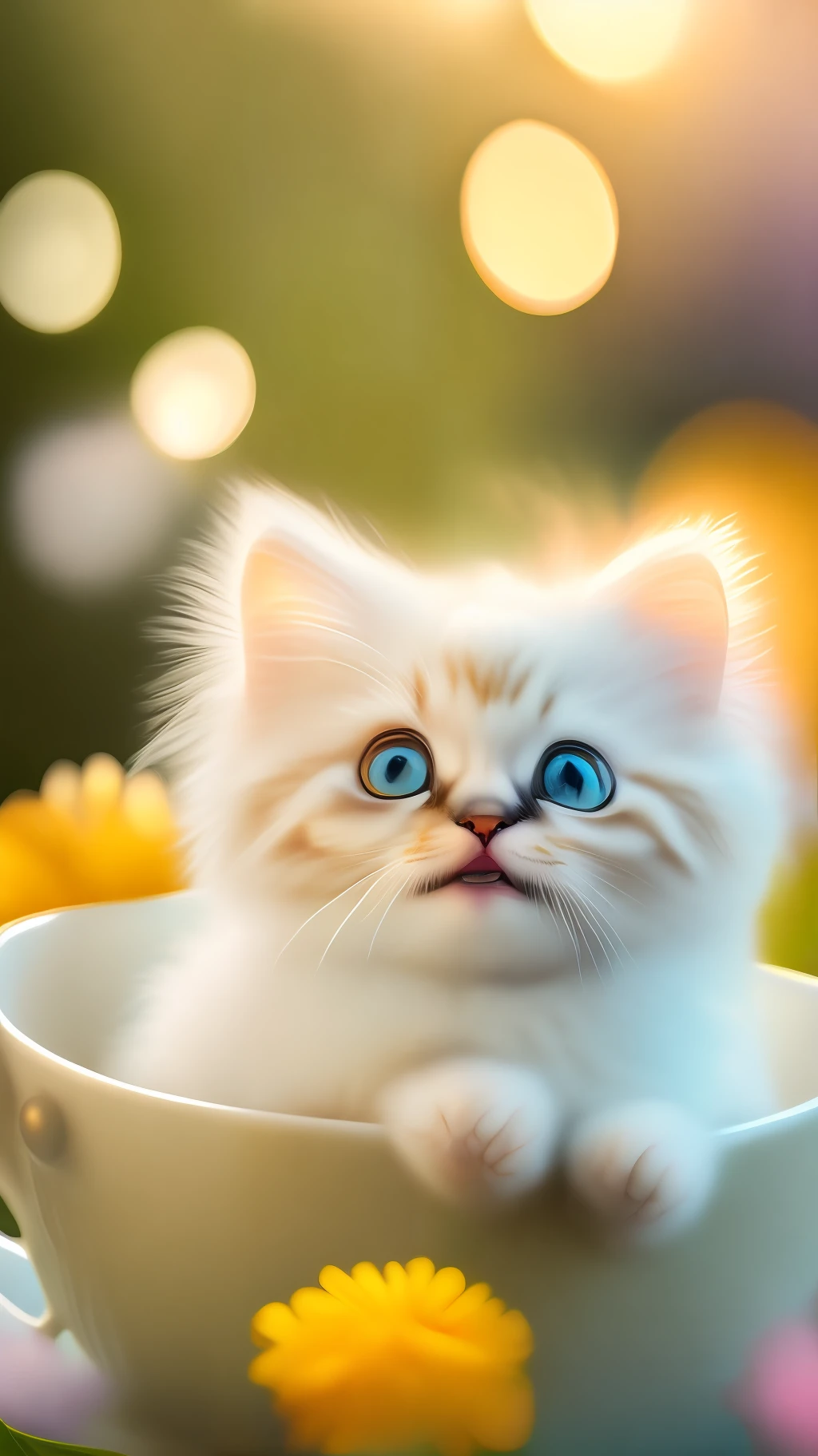Very cute fluffy white tropical punk kitten, big eyes, in a cup, laughter, excitement, flowers, professional light, depth of field 8k, golden magic moment, professional photography, octane rendering, super realistic - amazing sunlight, dynamic composition, photography, sharp focus, background bokeh