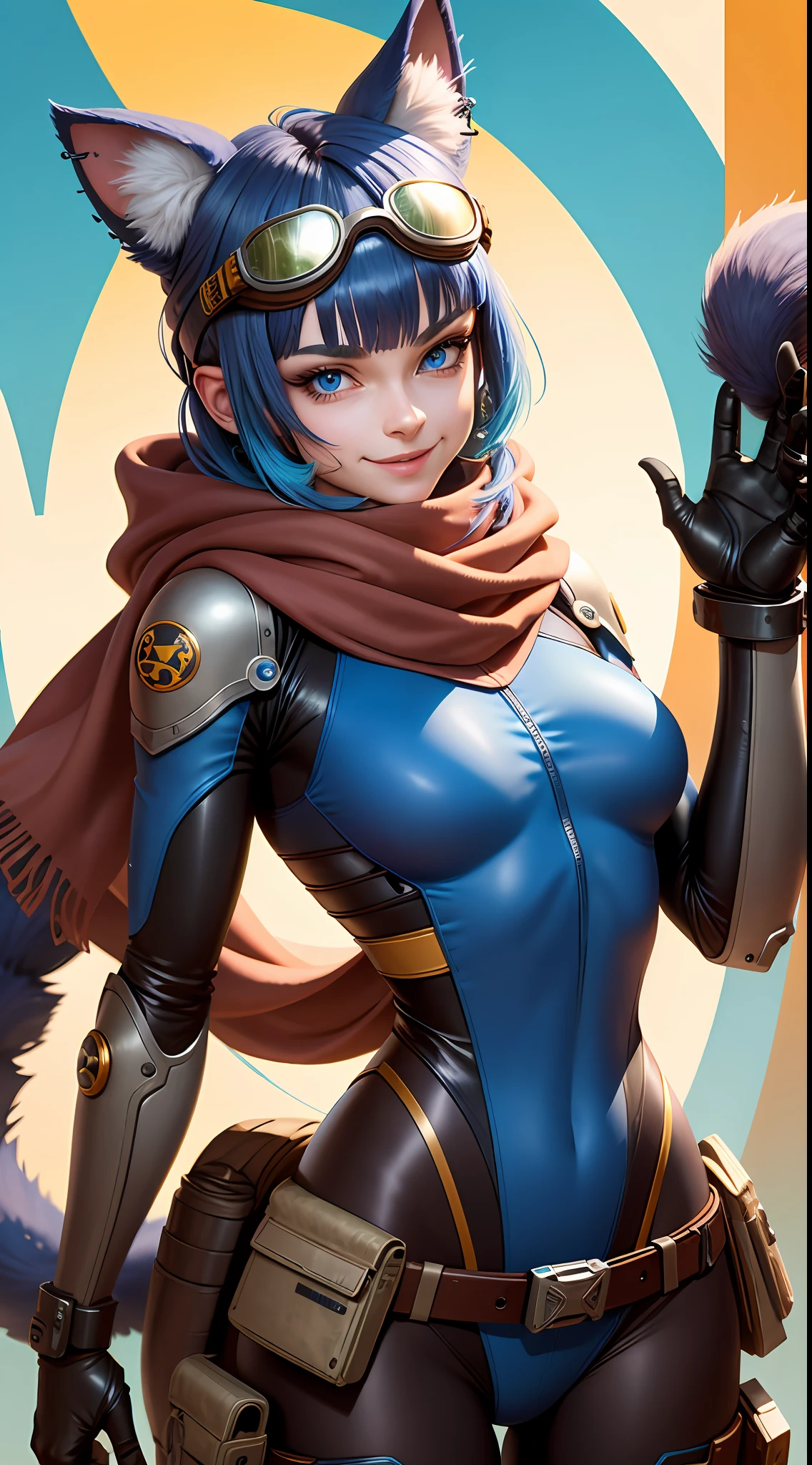 furry, rivetlombax, blue eyes, animal ears, earrings, goggles on head, bangs, mechanical arms, scarf, bodysuit, belt, tail, forest, smile,