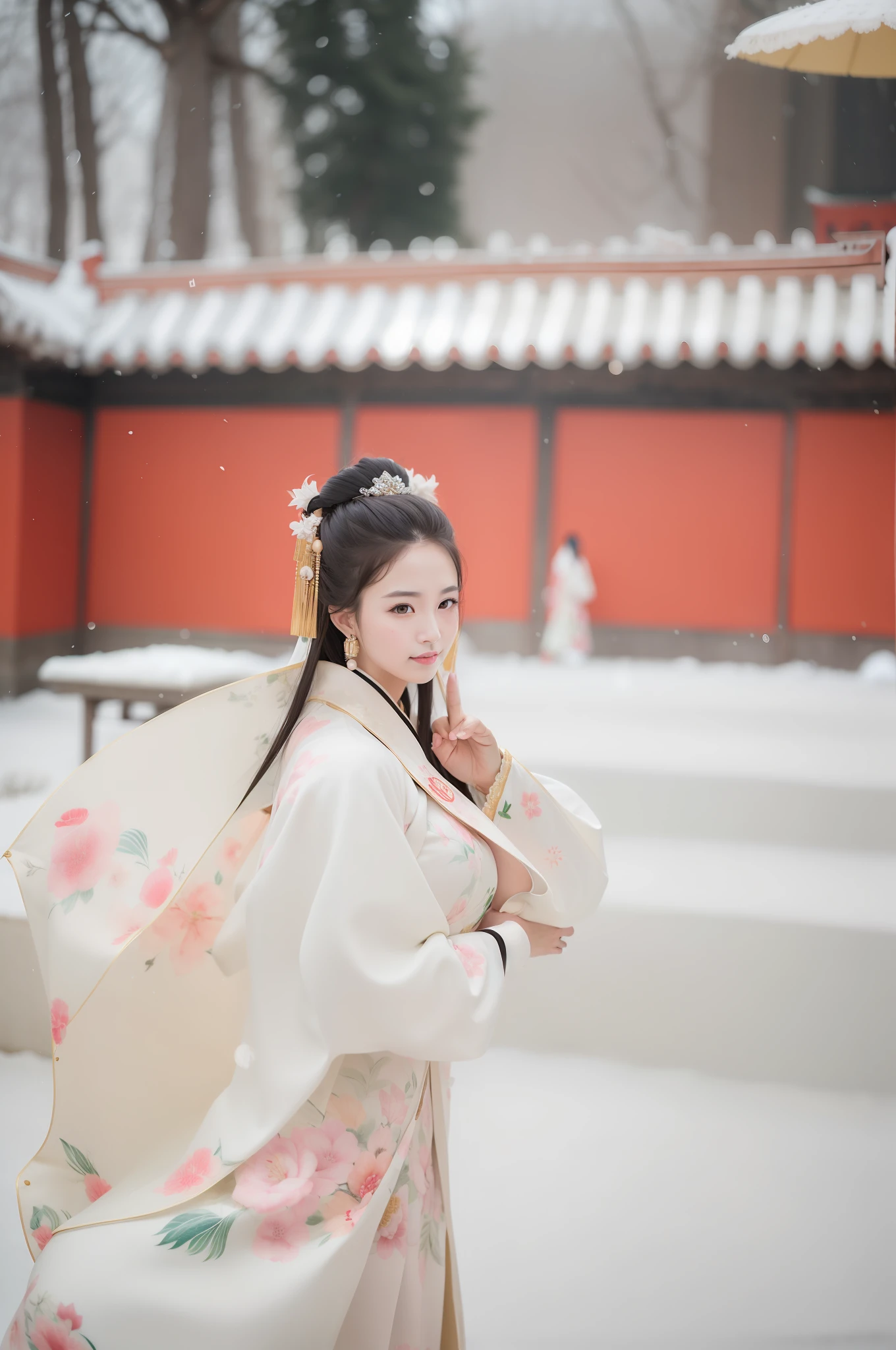 Araki woman in traditional dress walking in snow with umbrella, palace, a girl in Hanfu, white Hanfu, Hanfu, wearing ancient Chinese clothing, Chinese princess, wearing ancient Chinese clothing, Chinese girl, Chinese woman, wearing gorgeous silk clothes, Chinese costume, ancient Chinese princess, Chinese tradition, Chinese style, Chinese queen, masterpiece, light and shadow, snow, Chinese palace, five fingers, light and shadow, fine face, real style, gorgeous, snowflake