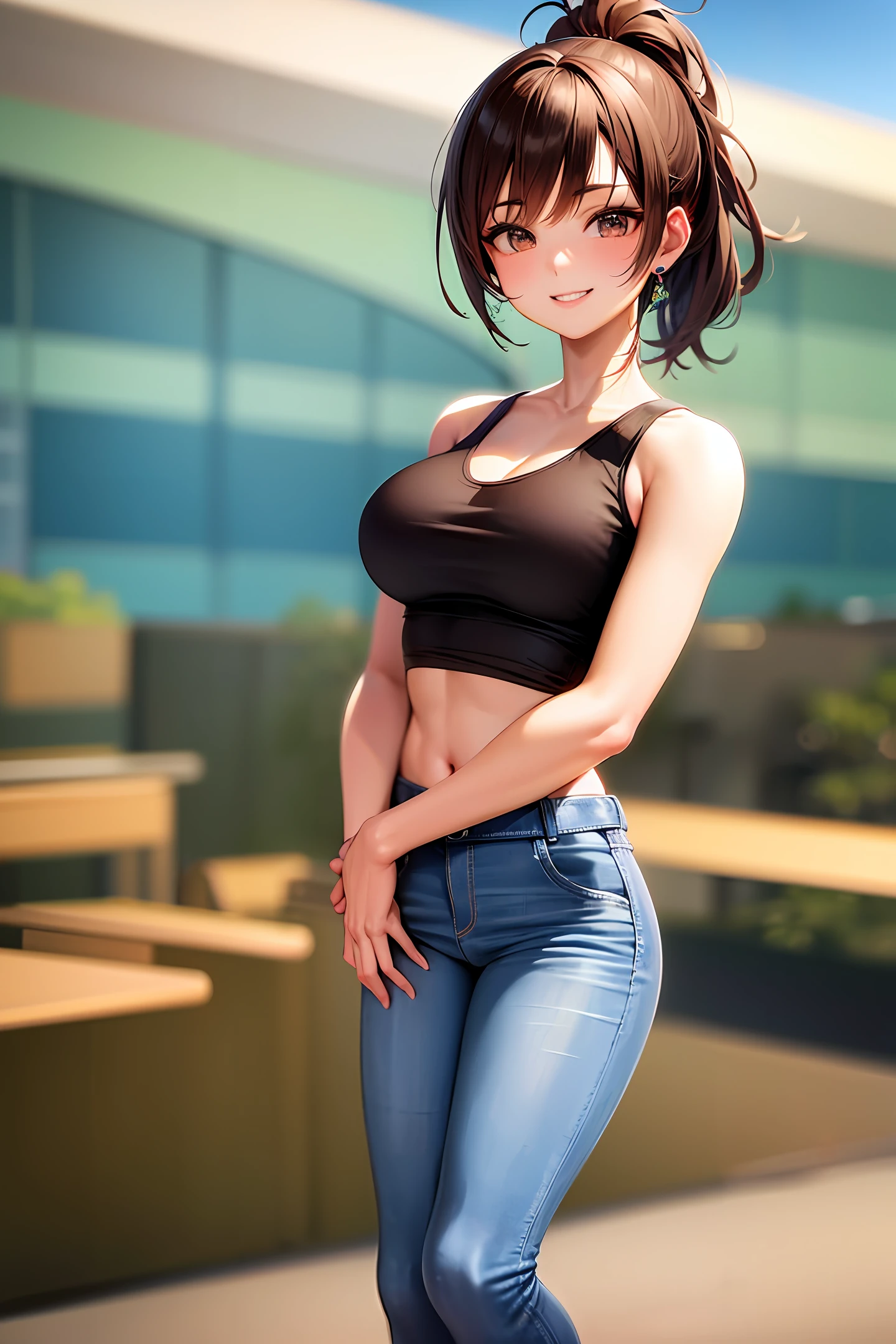 8k, ultra realistic, highres, smiling (anime) girl with beautiful face and brown ponytail, tank top, jeans, park background