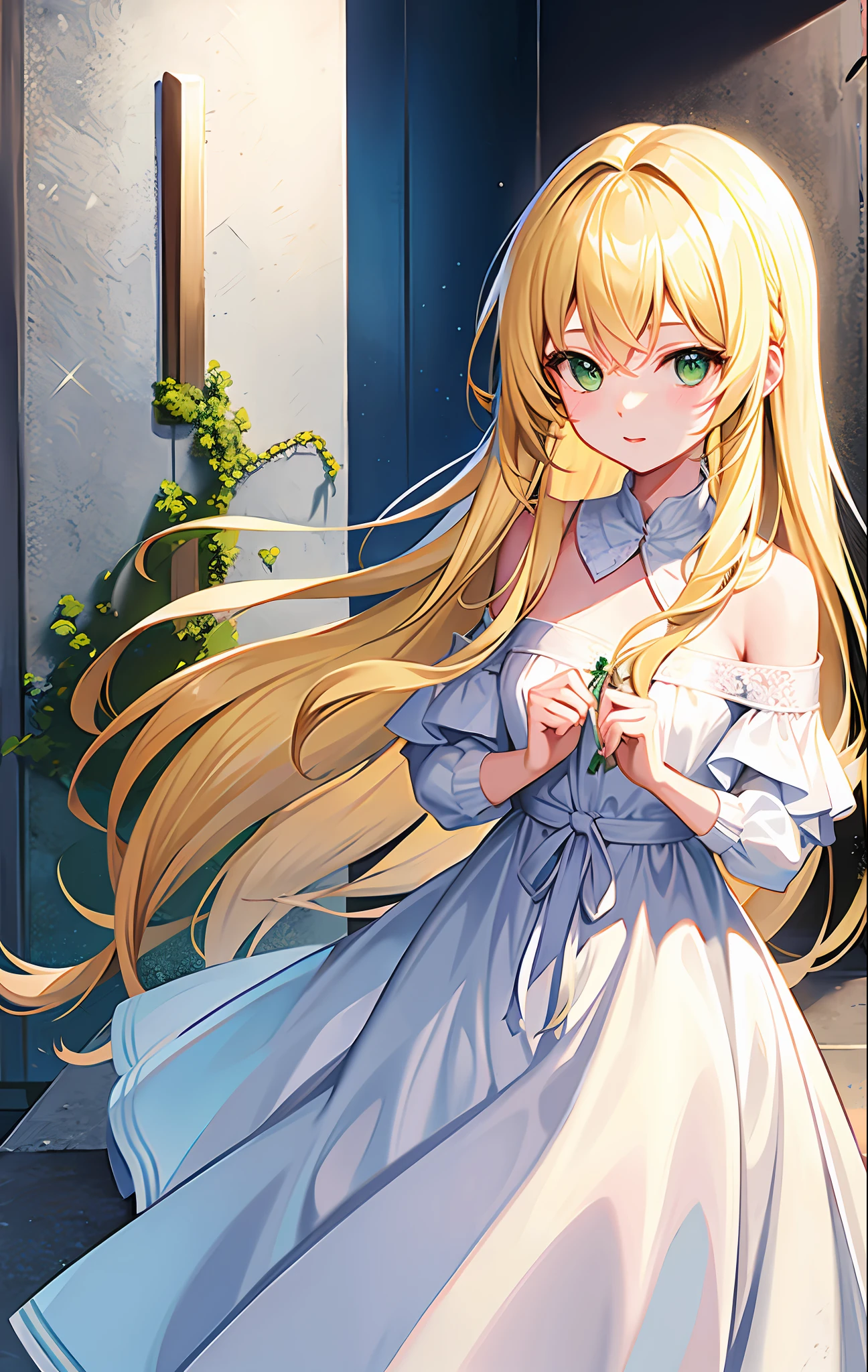 1girl,blonde hair, green eyes, tied hair, long hair, white dress, anisphia,