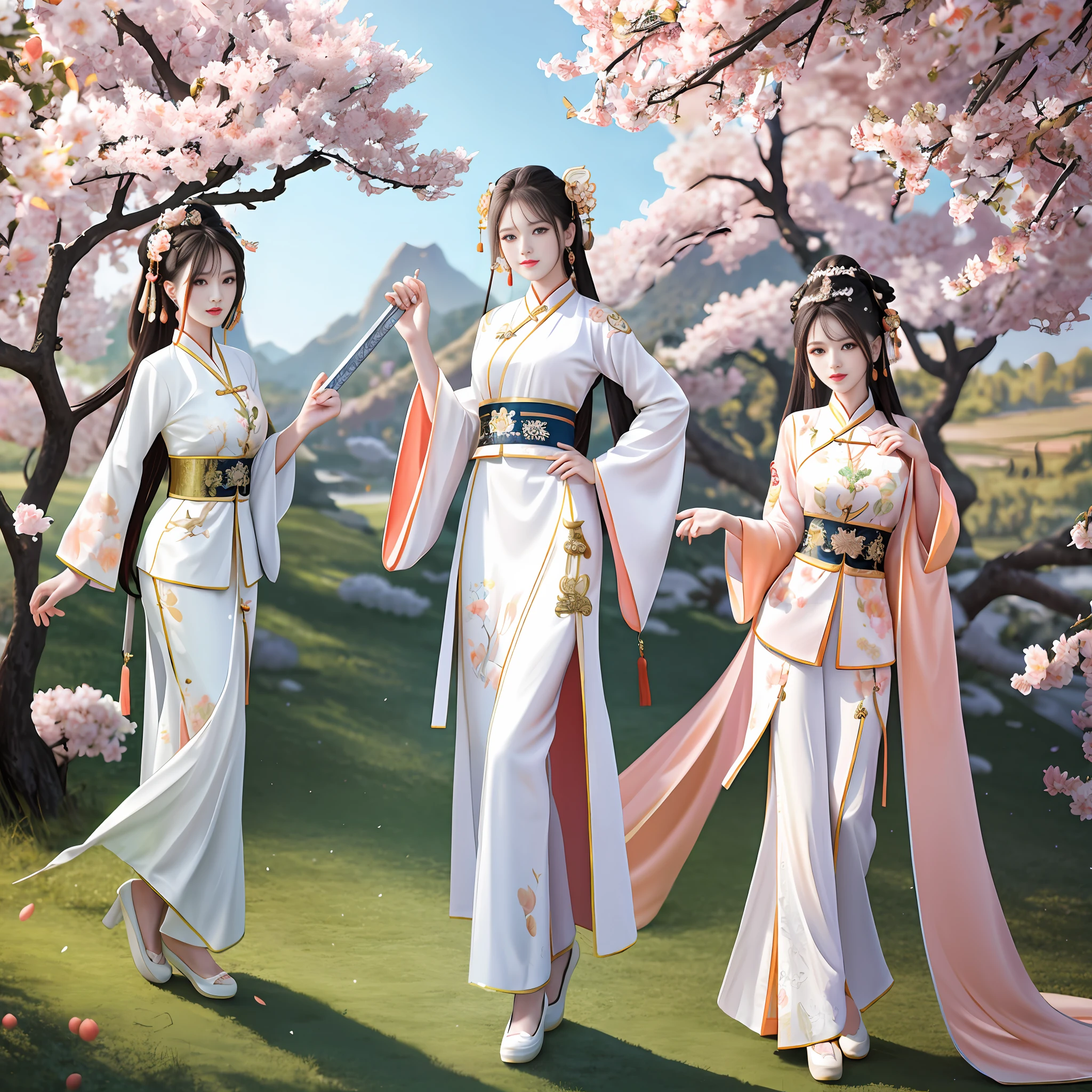 best quality, masterpiece, highres,3girls,Beautiful face,full body,chinese clothes,white Taoist robes,right hand hold sword with (Gorgeous ornamentation),peach trees,