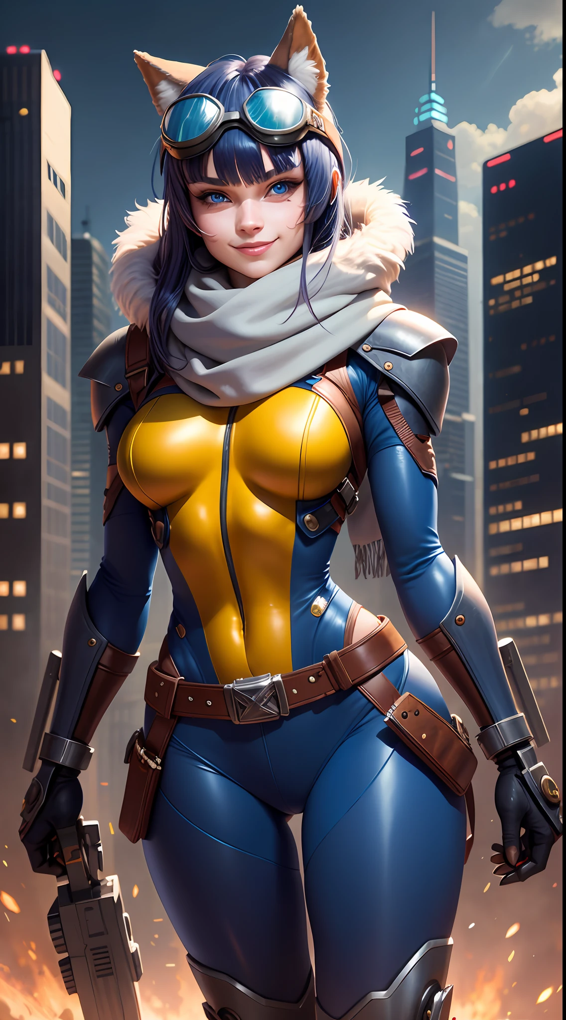 furry, rivetlombax, blue eyes, goggles on head, bangs, mechanical arms, scarf, bodysuit, belt, city, smile,