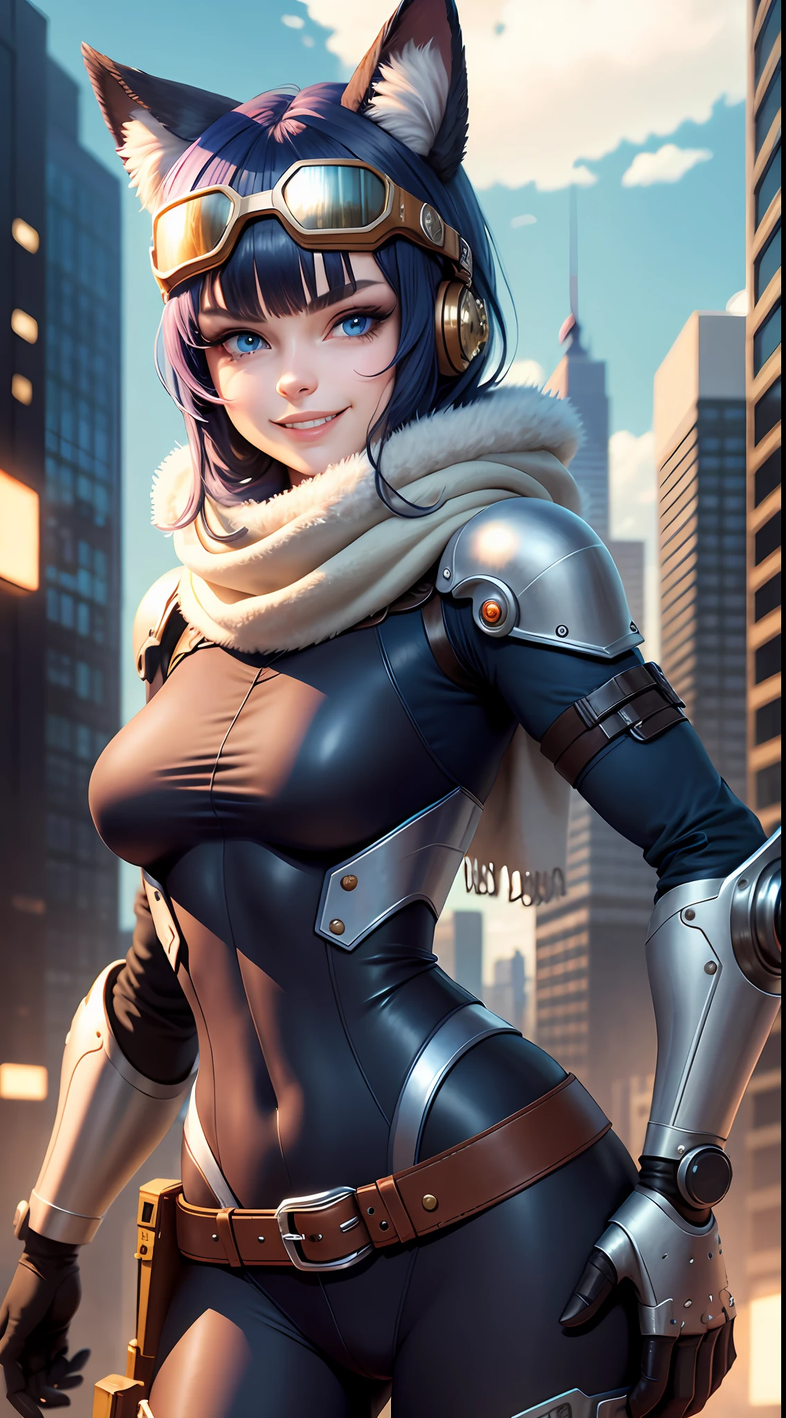 furry, rivetlombax, blue eyes, goggles on head, bangs, mechanical arms, scarf, bodysuit, belt, city, smile,