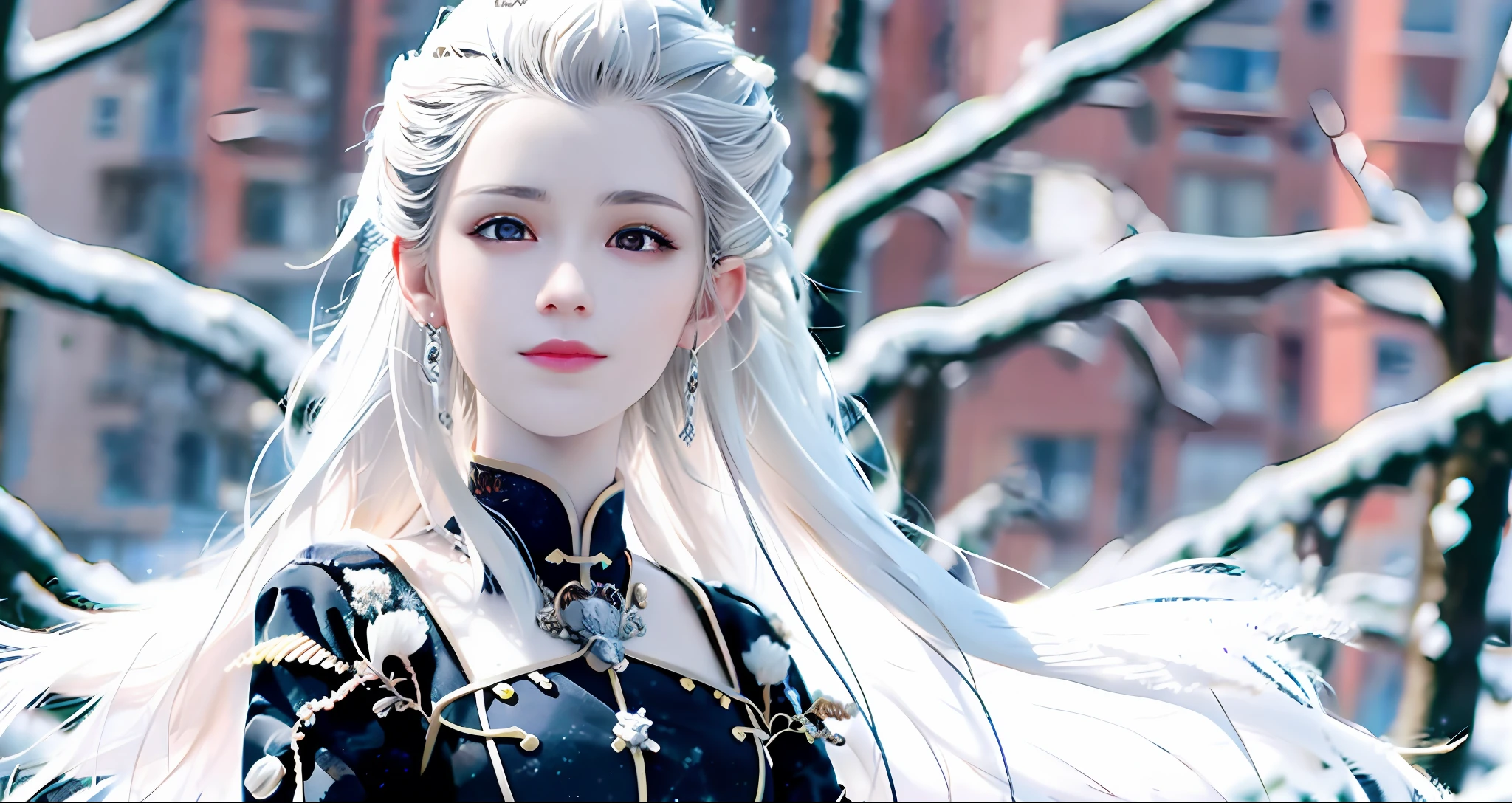 best quality, masterpiece, realistic:1.4, White hair, detailed, red eyes, windy, floating hair, snowy, upper body, detailed face, winter, trees, sunshine, midriff