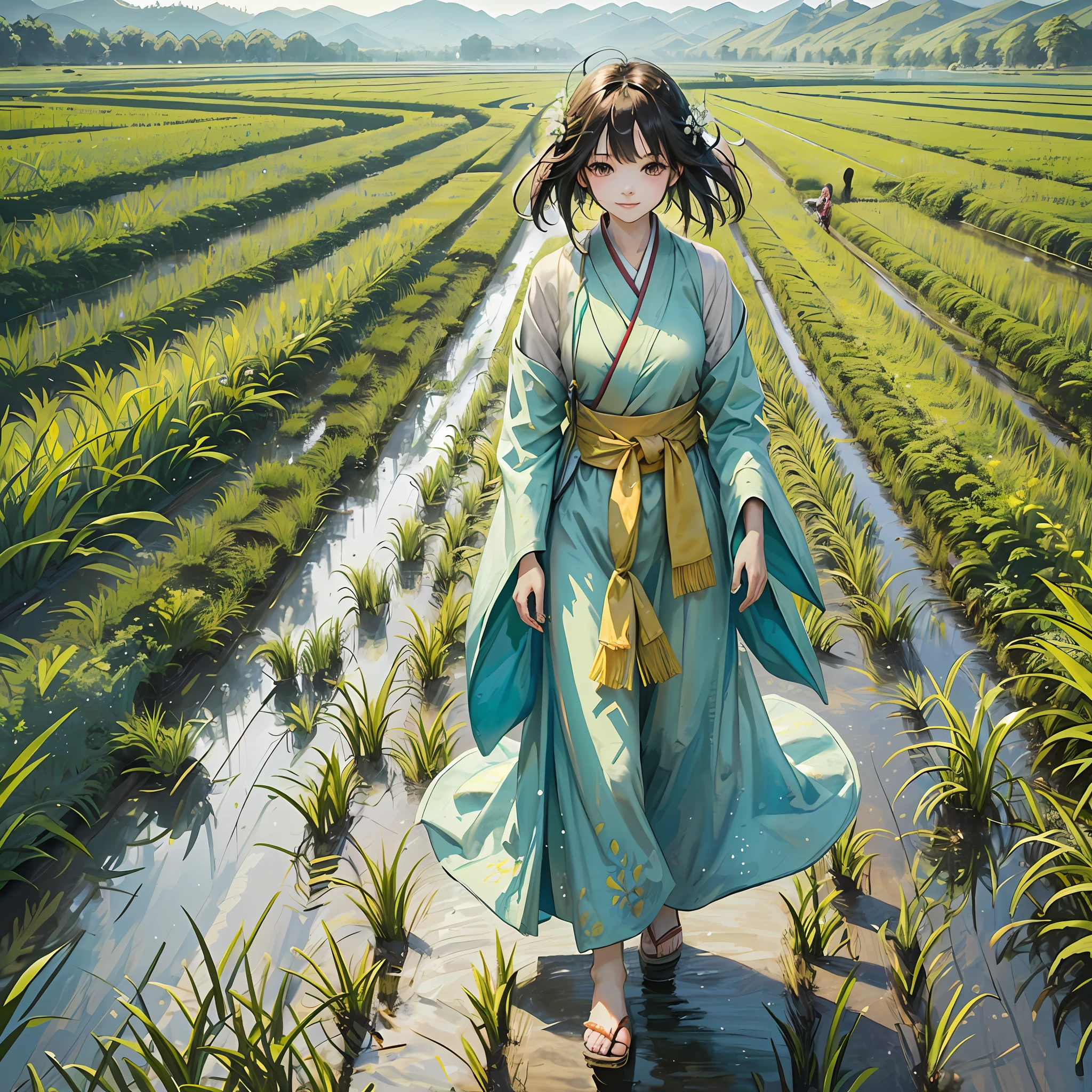 RAW photo, masterpiece, best quality, (1girl), walking in the rice field, green field, outdoor, sunny day, happy, smile, wearing colorful Hanfu, beautiful girl, messy hair, floating hair and clothes in the wind, side look