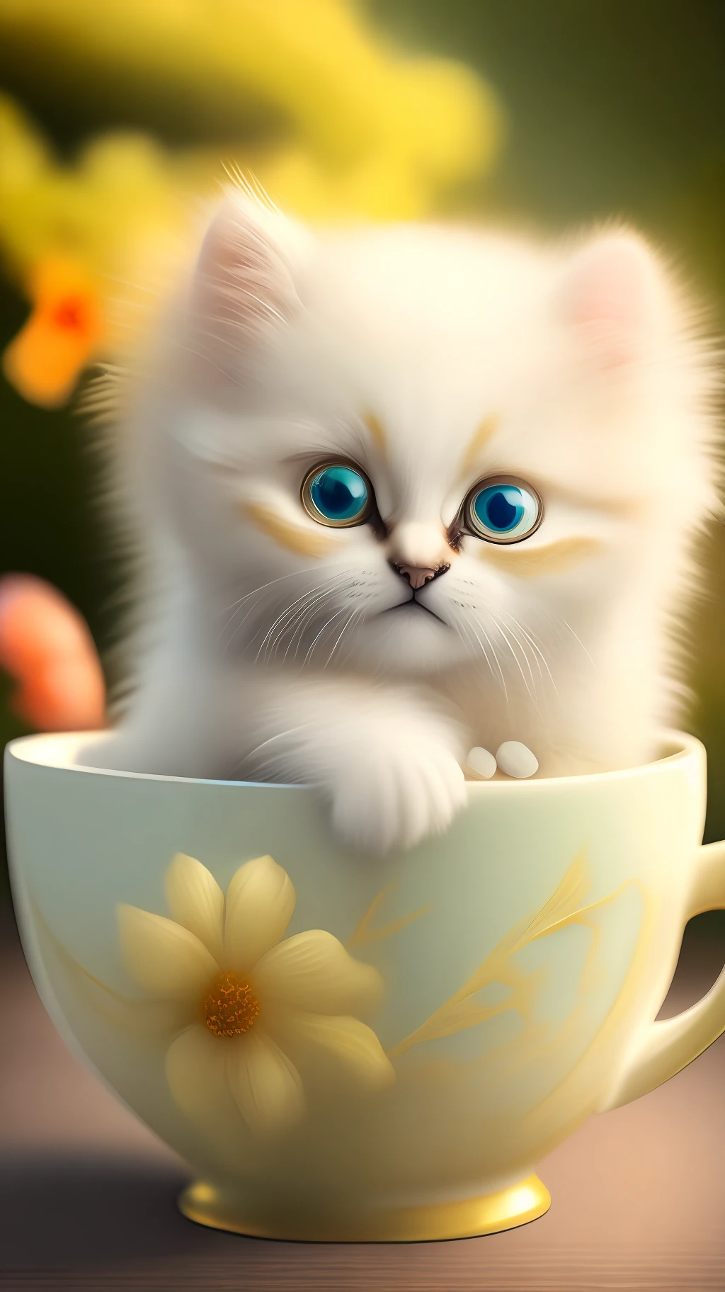 Very cute fluffy white tropical punk kitten, big eyes, in a cup, laughter, excitement, flowers, professional light, depth of field 8k, golden magic moment, professional photography, octane rendering, super realistic - amazing sunlight, dynamic composition, photography, sharp focus, background bokeh