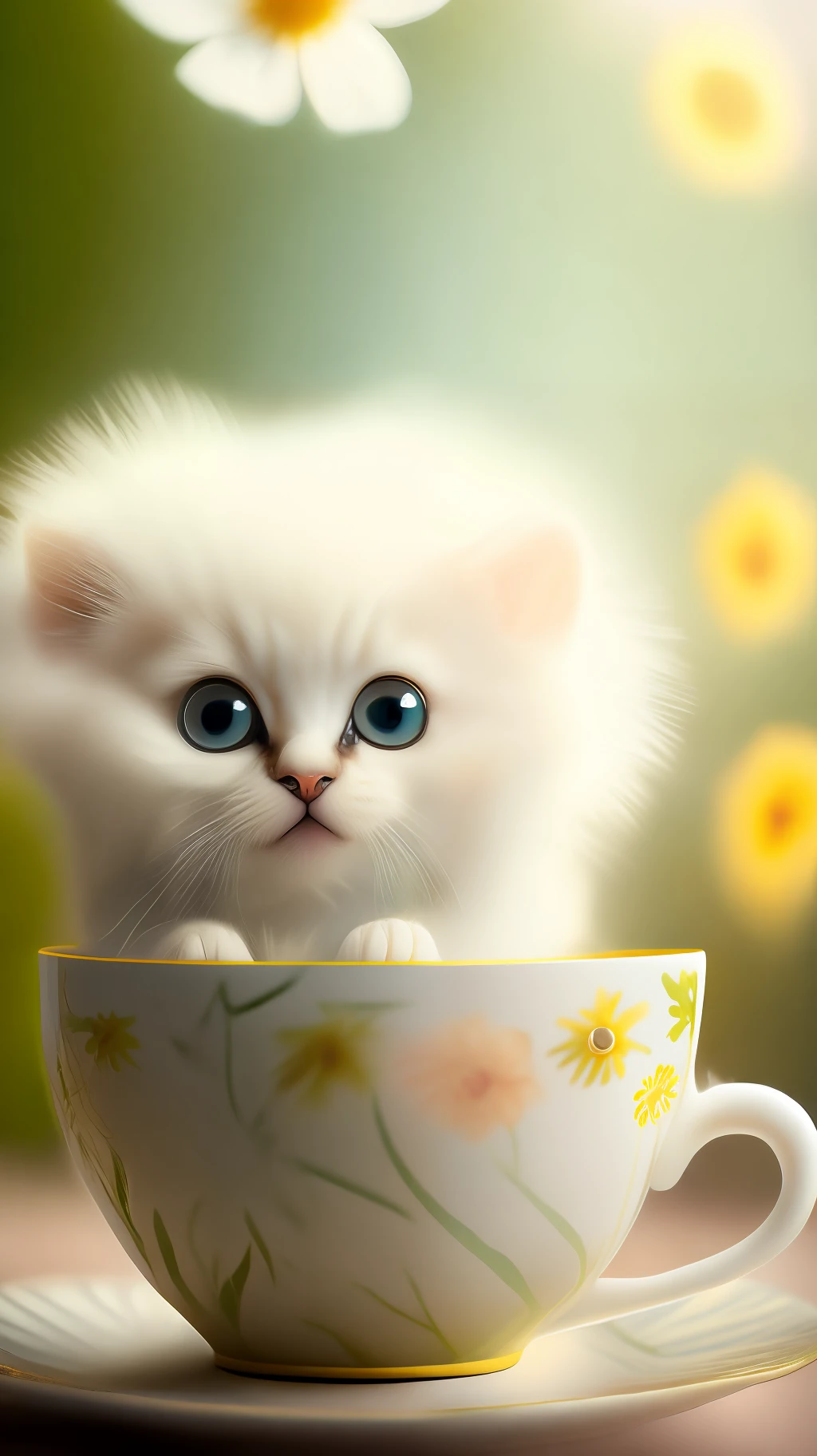 Very cute fluffy white tropical punk kitten, big eyes, in a cup, laughter, excitement, flowers, professional light, depth of field 8k, golden magic moment, professional photography, octane rendering, super realistic - amazing sunlight, dynamic composition, photography, sharp focus, background bokeh