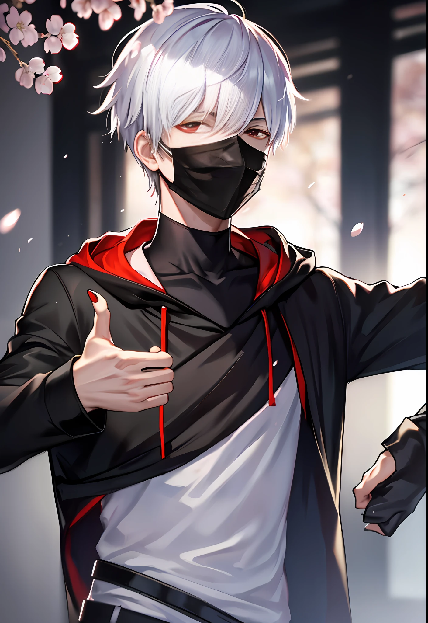 kk, best quality, more details, mastery, 1boy, kaneki ken, portrait, close-up, male focus, red eyes, solo, mask, black nails, bangs, looking at viewer, hood, short hair, blurred background, thumbs up 1.5, bandana, nail polish, mask, teeth, white hair, gold mask, luxury, 8k, detail, ray tracing, depth of field, cinema lighting, cherry blossoms,