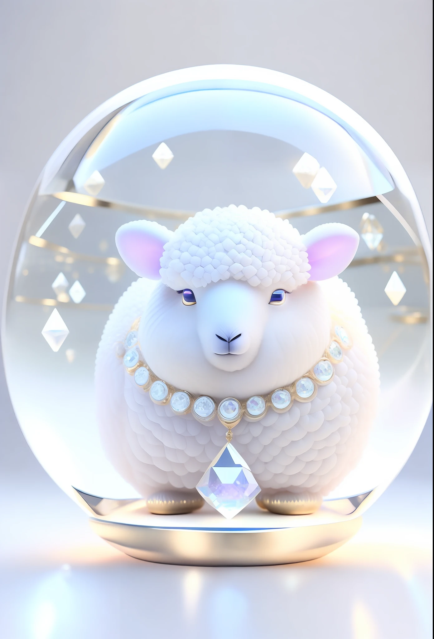 Masterpiece, a cute little fat sheep, made of crystal, standing in a crystal ball, reflection, refraction, white hair, horns, lots of diamonds underneath, highly detailed complex conceptual art trend with low poly eyes artstation 8k, octane rendering, fine, wallpaper, fine details, masterpiece, best quality, official art,