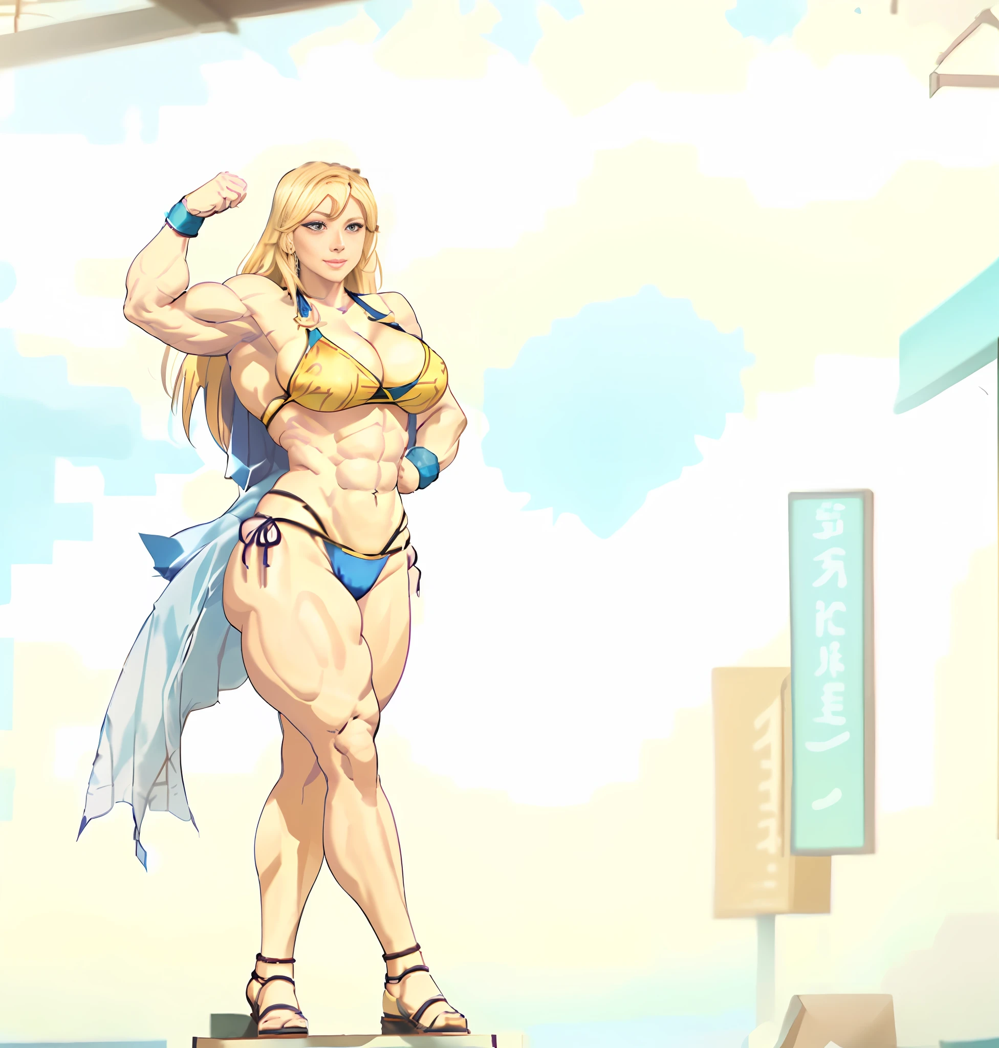 araffe woman in a gym with a woman in a bikini , muscular warrior women, chun li at the gym, bodybuilder superhero bikini, feminine and muscular, exaggerated physique, massive muscles, ann takamaki, muscular girl, muscular characters, by Okada Beisanjin, muscular!!, very beautiful. big muscles, ((well rendered)), perfect anatomy,
