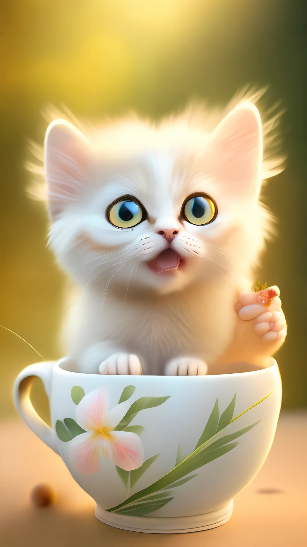 Very cute white tropicalpunk kitten, big eyes, in a cup, laughter, excitement, flowers, professional light, depth of field 8k, golden magic moment, professional photography, octane rendering, super realistic - amazing sunlight, dynamic composition, photography, sharp focus, bokeh
