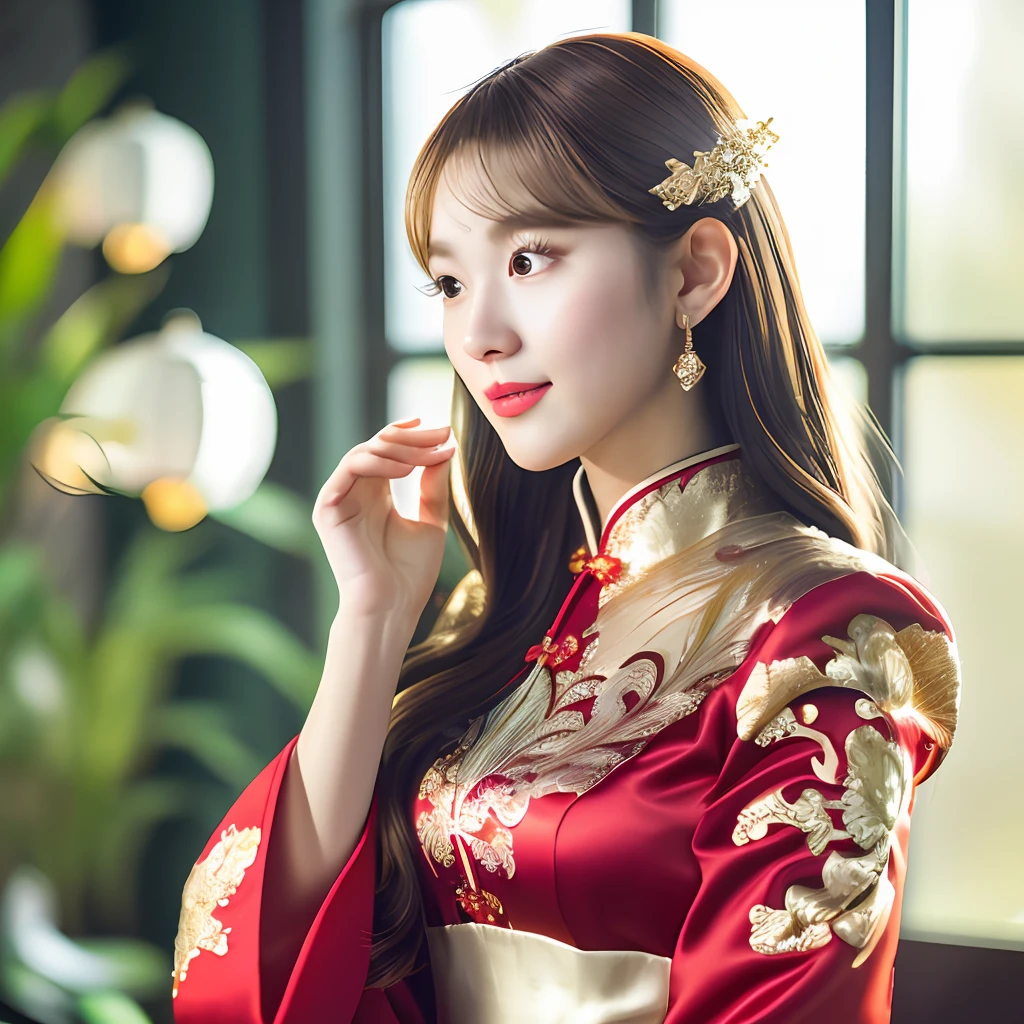 best quality, masterpiece, highres, (exquisite body:1.5),gorgeous face,(milky skin:1.3),intricate details,high resolution,wallpaper, 1girl, solo, dress, hair ornament, (((gold and red dress))), flowers, long hair, brown hair, closed mouth, jewelry, long sleeves, hand up, wide sleeves, big eyes,floating hair, chinese clothes, hanfu, embroidery, long skirt, natural pose, falling petals, indoor,fanning, lantern, 16K,HDR,highres,depth field,(film grain:1.1),boken,golden hour,(lens flare),vignette,rainbowing,(color grading:1.5)