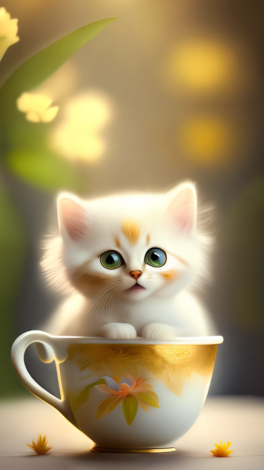 Very cute white tropicalpunk kitten, big eyes, in a cup, laughter, excitement, flowers, professional light, depth of field 8k, golden magic moment, professional photography, octane rendering, super realistic - amazing sunlight, dynamic composition, photography, sharp focus, bokeh