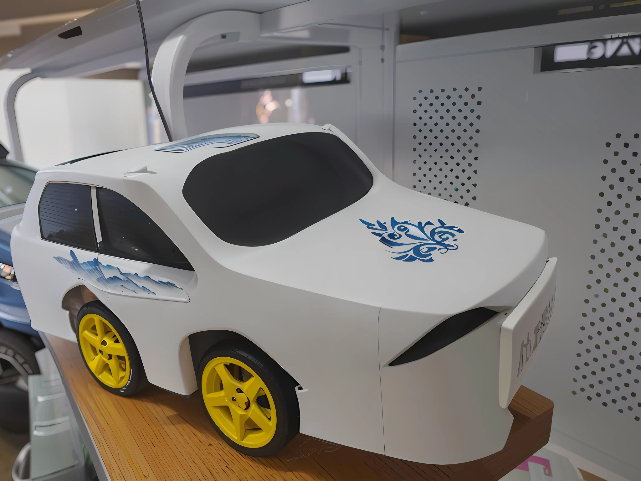 Paper models of cars on shelves, prototypes, full view of cars, miniatures of sports cars, full front view, fine detailed cars, front shots, 3/4 front view, racing, front view, intricate detailed racing cars, sports cars in the room, racing cars, side views, side views, blue and white wheels