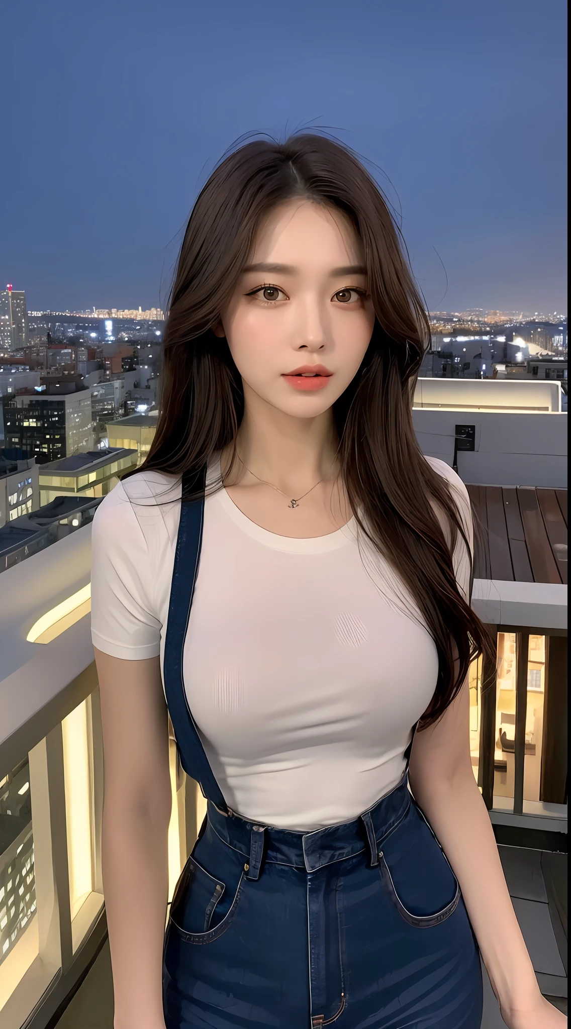 ((Midnight, Best quality, 8k, Masterpiece :1.3)), Whole body, Long legs, Sharp focus :1.2, A pretty woman with perfect figure :1.4, Slender abs :1.1, ((Dark brown hair, Big breasts :1.2)), (White tight tshirt, Jean bib, Standing:1.2), ((Night city view, Rooftop:1.3)), Highly detailed face and skin texture, Detailed eyes, Double eyelid