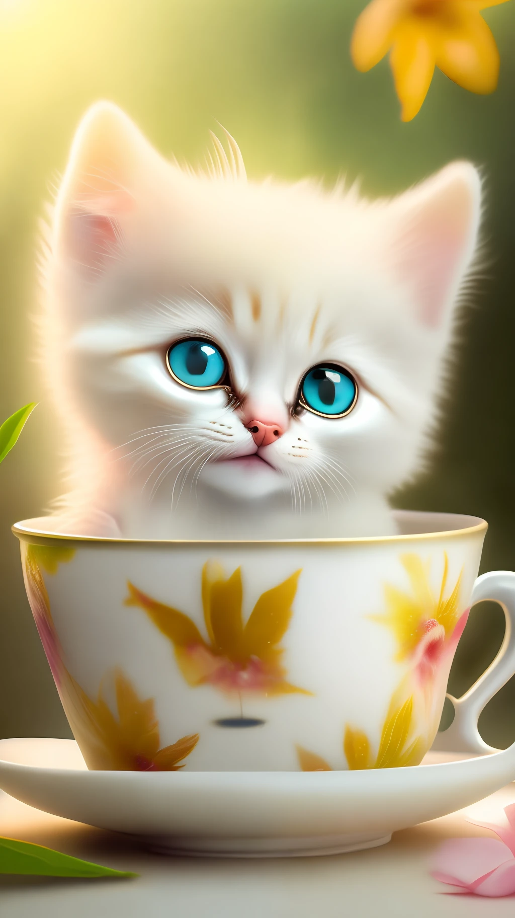Very cute white tropicalpunk kitten, big eyes, in a cup, laughter, excitement, flowers, professional light, depth of field 8k, golden magic moment, professional photography, octane rendering, super realistic - amazing sunlight, dynamic composition, photography, sharp focus, bokeh