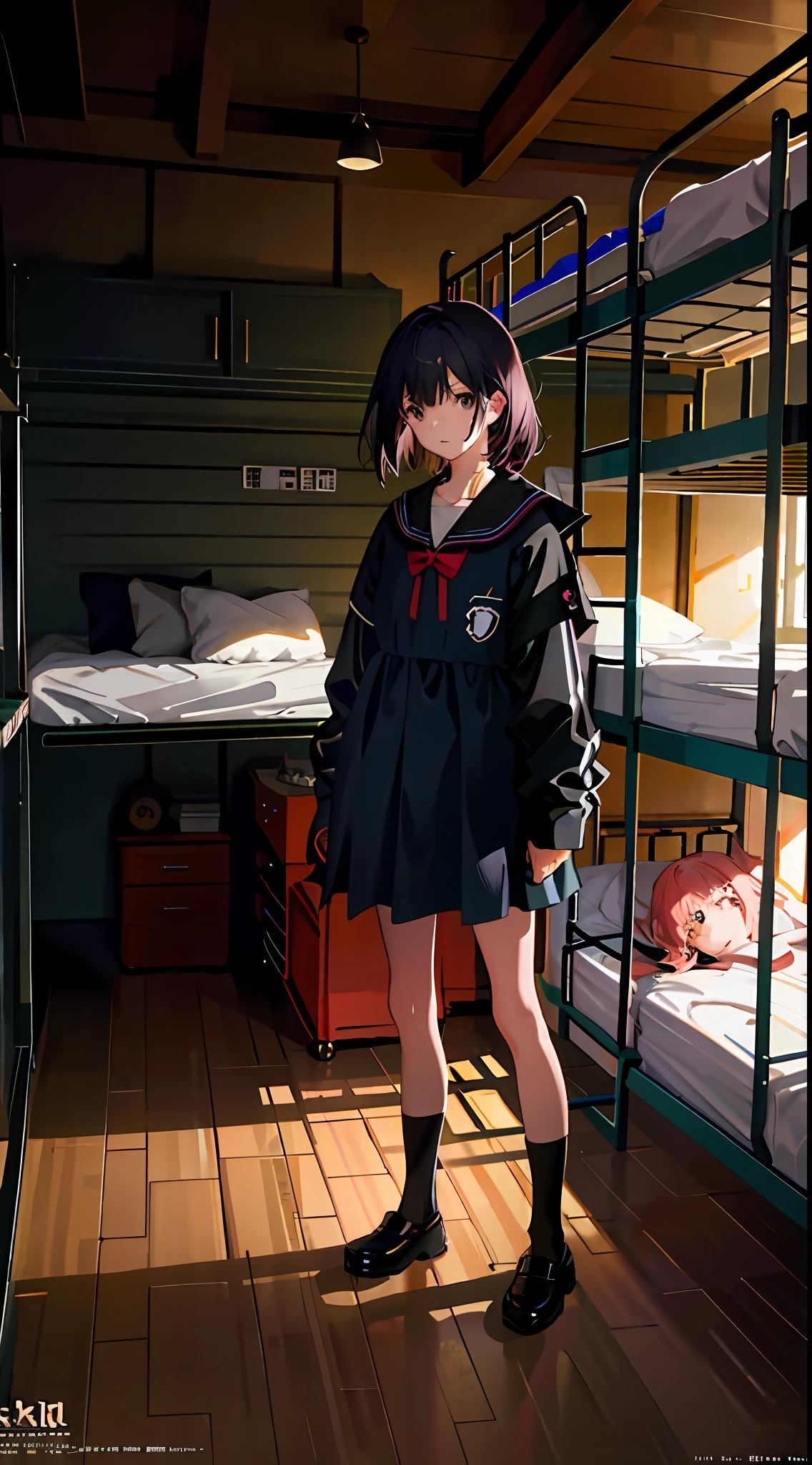3girl, bunk bed, dormitory, dress, backpack, messy hair, trends on artstation, 8k resolution, very detailed, anatomically correct, clear images, digital painting, concept art, trends on pixiv, Shinkai Makoto style