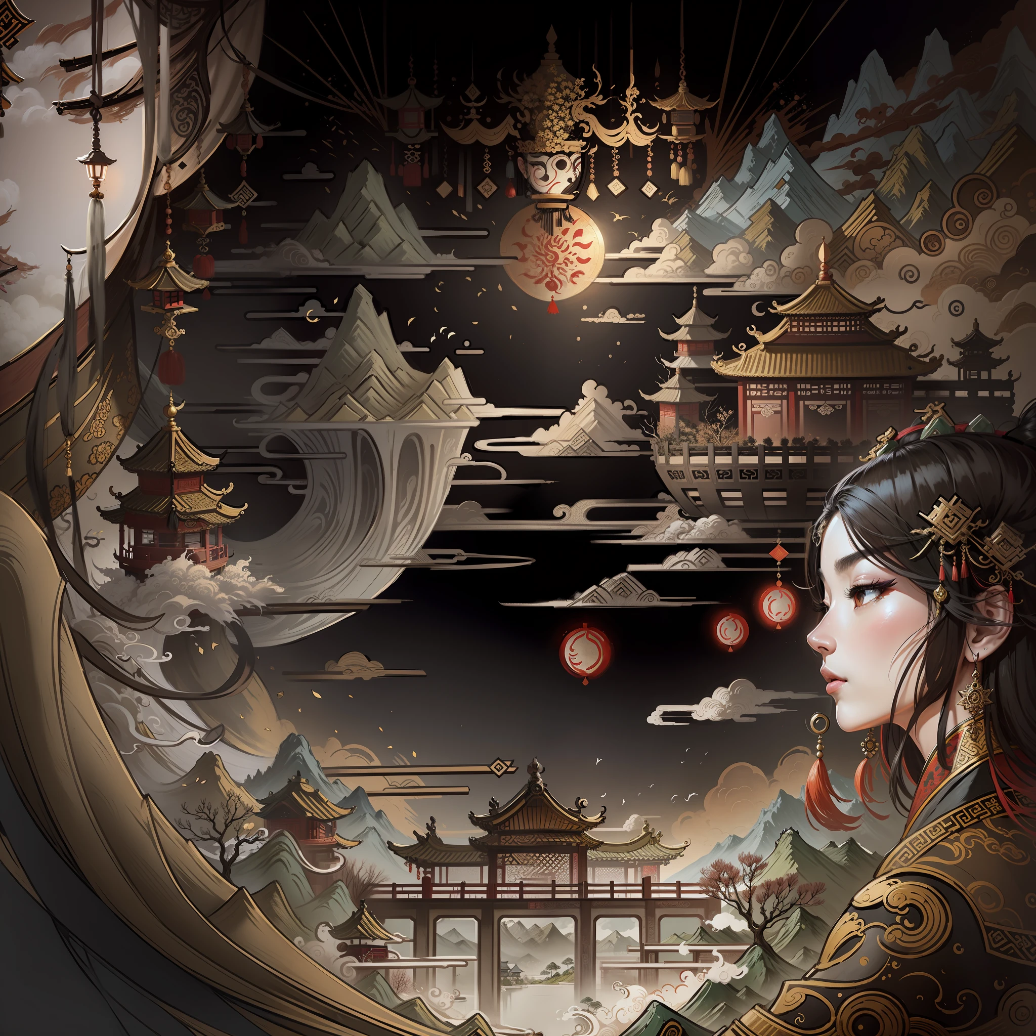 An ancient Chinese painting, ancient Chinese background, mountains, rivers, auspicious clouds, pavilions, sunshine, masterpieces, super detail, epic composition, ultra HD, high quality, extremely detailed, official art, unified 8k wallpaper, Super detail, 32k -- v 6