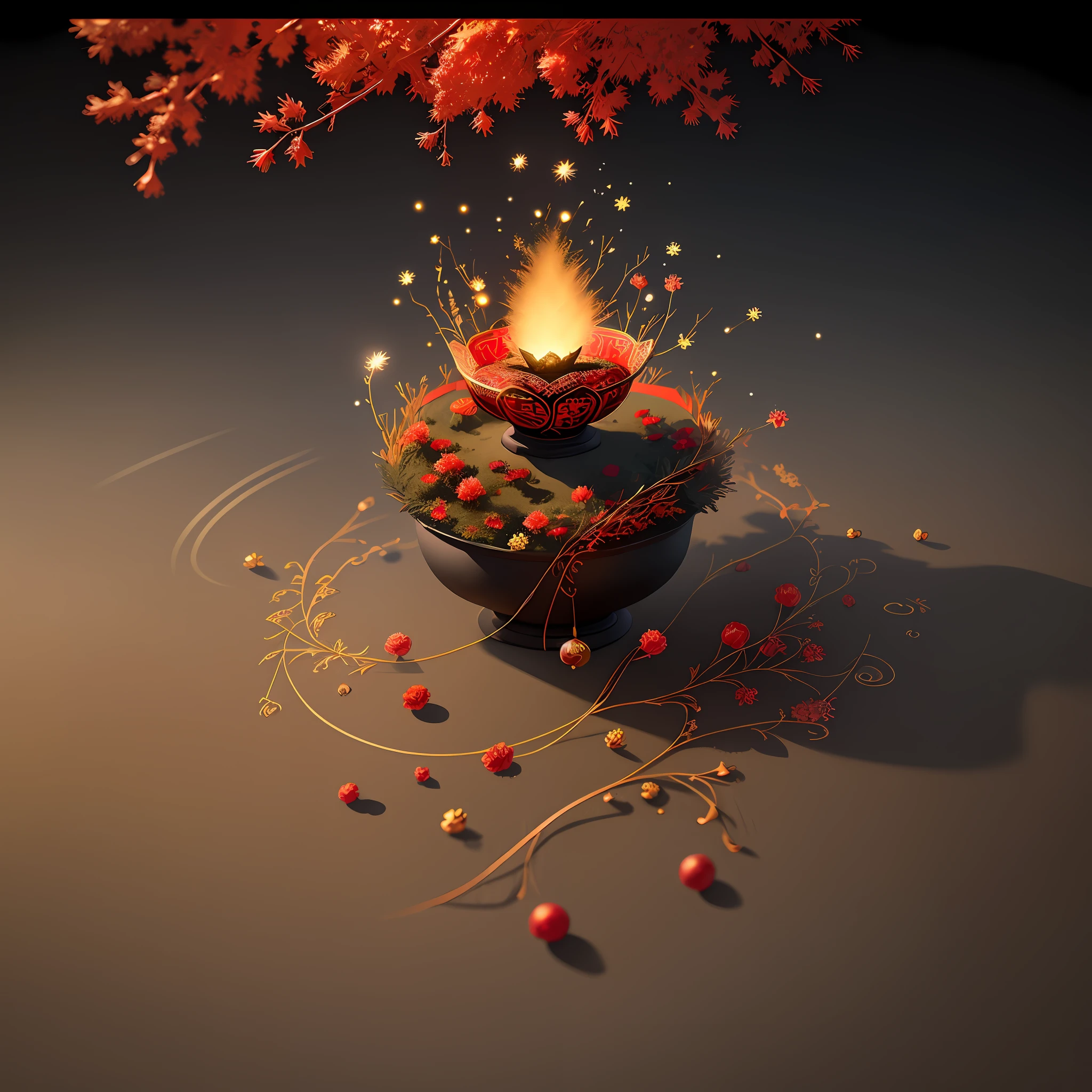 Ultra-real, absurd, high quality, ultra-fine, artwork, gold jewelry, particle effects, red festive, texture, octane rendering, ray tracing, chinoiserie architecture, sand, black background, atmosphere, gorgeous poster, brush strokes, Chinese painting, outdoor, glowing particles, forest, (firefly) zen chamber flowers and wood deep, jewelry, particle effects, red festive, texture