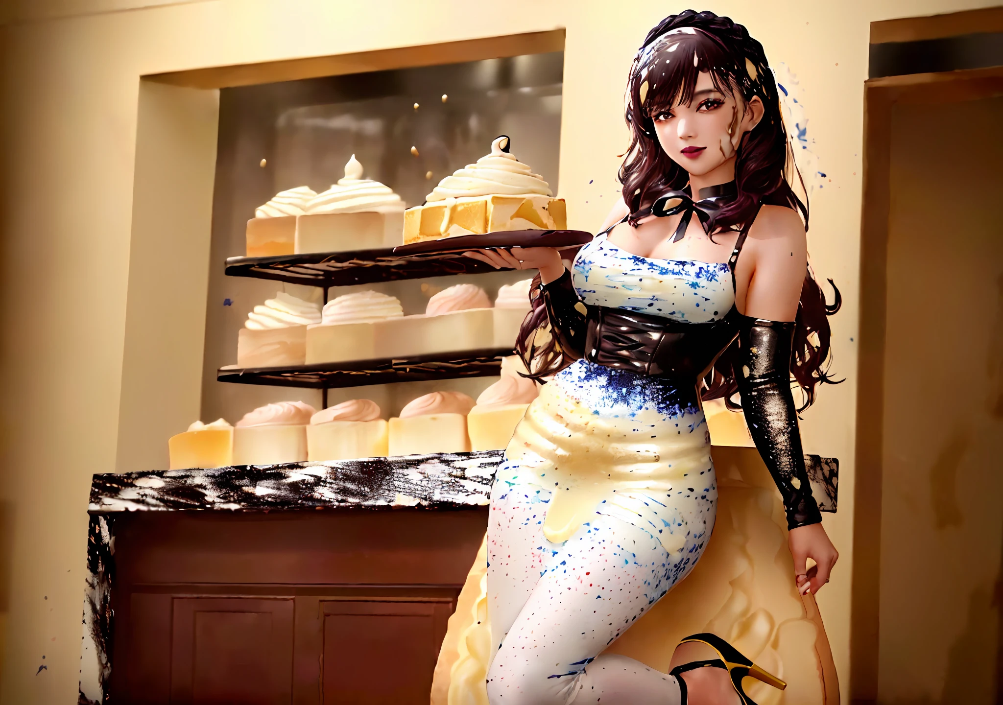 ((extremely detailed CG unity 8k wallpaper,best quality, masterpiece,)(best illumination, best shadow,an extremely delicate and beautiful,)(2women),(pillory, stocks),(dark background,low saturation, dramatic lighting,),(Expression: determined and daring, clothing: provocative and tight, high heels: 1.2, long hair: 1.2, neck ribbon, lingerie, dark lipstick),) in a bakery, standing proudly next to a giant cake. Her (outfit is covered in mayonnaise splatters:1.6) as she smiled seductively at the camera, and her face and hair is splattered with cream and chocolate sauce