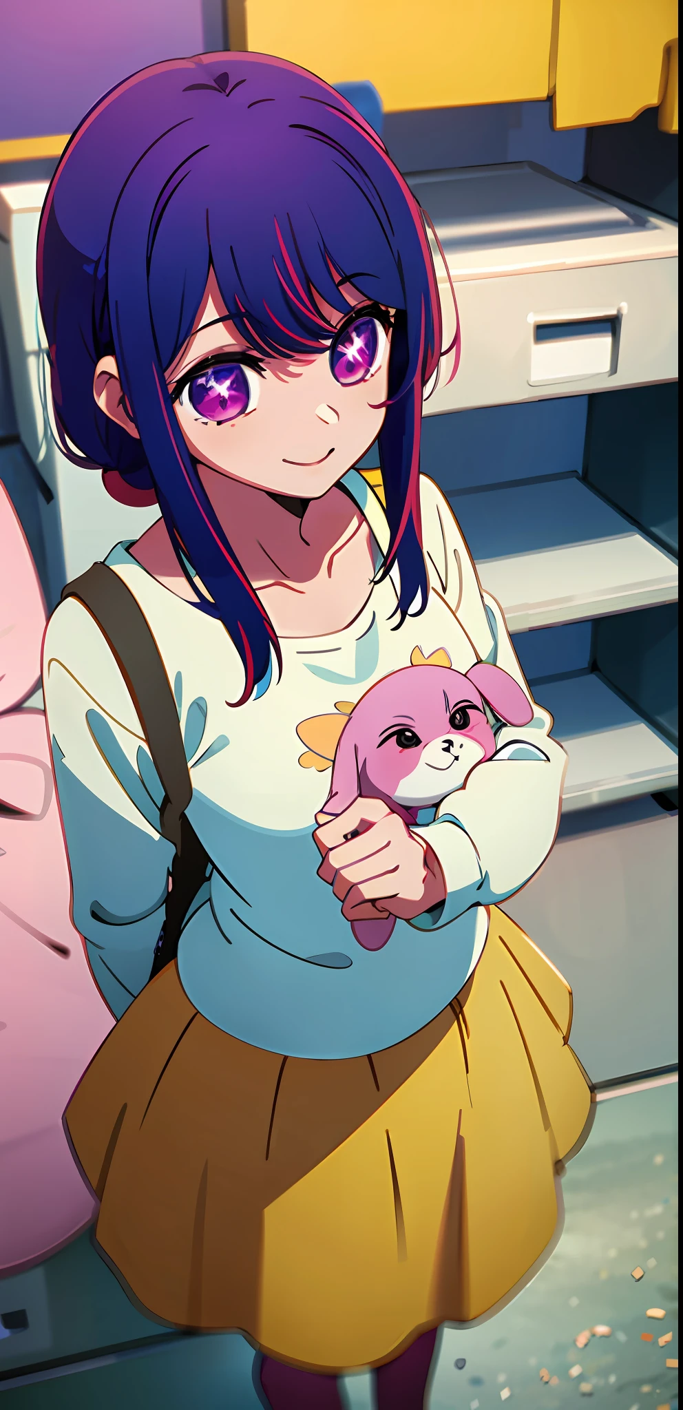 (masterpiece, best quality), (colorful:1.4), from above, solo, 1girl standing in a store with lots of stuffed animals on the shelves and a bag of stuff, purple hair color, purple eyes, smiling, depth of field, fisheye lens