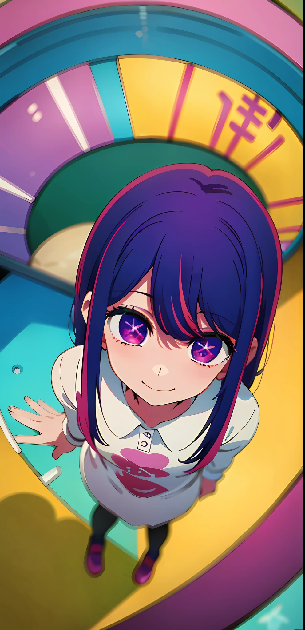 (masterpiece, best quality), (colorful:1.4), from above, solo, 1girl standing in a store with lots of stuffed animals on the shelves and a bag of stuff, purple hair color, purple eyes, smiling, depth of field, fisheye lens