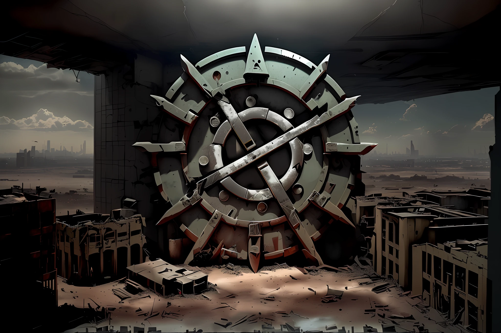 ((best quality)), ((masterpiece)), (epic photorealism), majestic intricate, (landscape shot of post-apocalyptic ruined rainy city: 1.2), dusty crumbling debris, desert, scorching sun, sunset, gloomy, (backlight: 1.3), high resolution, depth of field, (deep shadows: 1.2), high detail, sharp focus, smoothness, roughness, real life, backlighting, photorealism, photography, cinematic Still from a movie from the void | The Walking Dead, view of buildings from above, metal structures