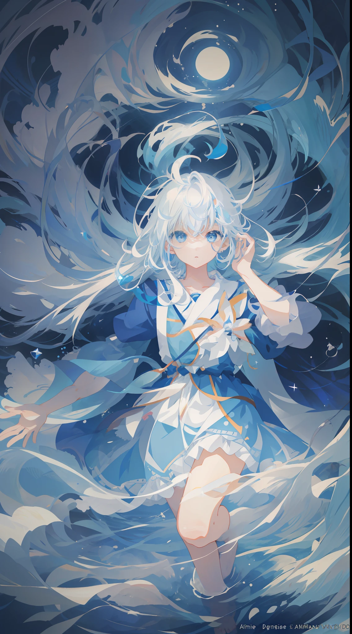 anime girl floating in water with a blue dress and a white hair, anime art wallpaper 4k, anime art wallpaper 4 k, anime art wallpaper 8 k, anime style 4 k, beautiful anime artwork, detailed digital anime art, wallpaper anime blue water, clean detailed anime art, white haired deity, anime wallpaper 4k, anime wallpaper 4 k, 4 k manga wallpaper