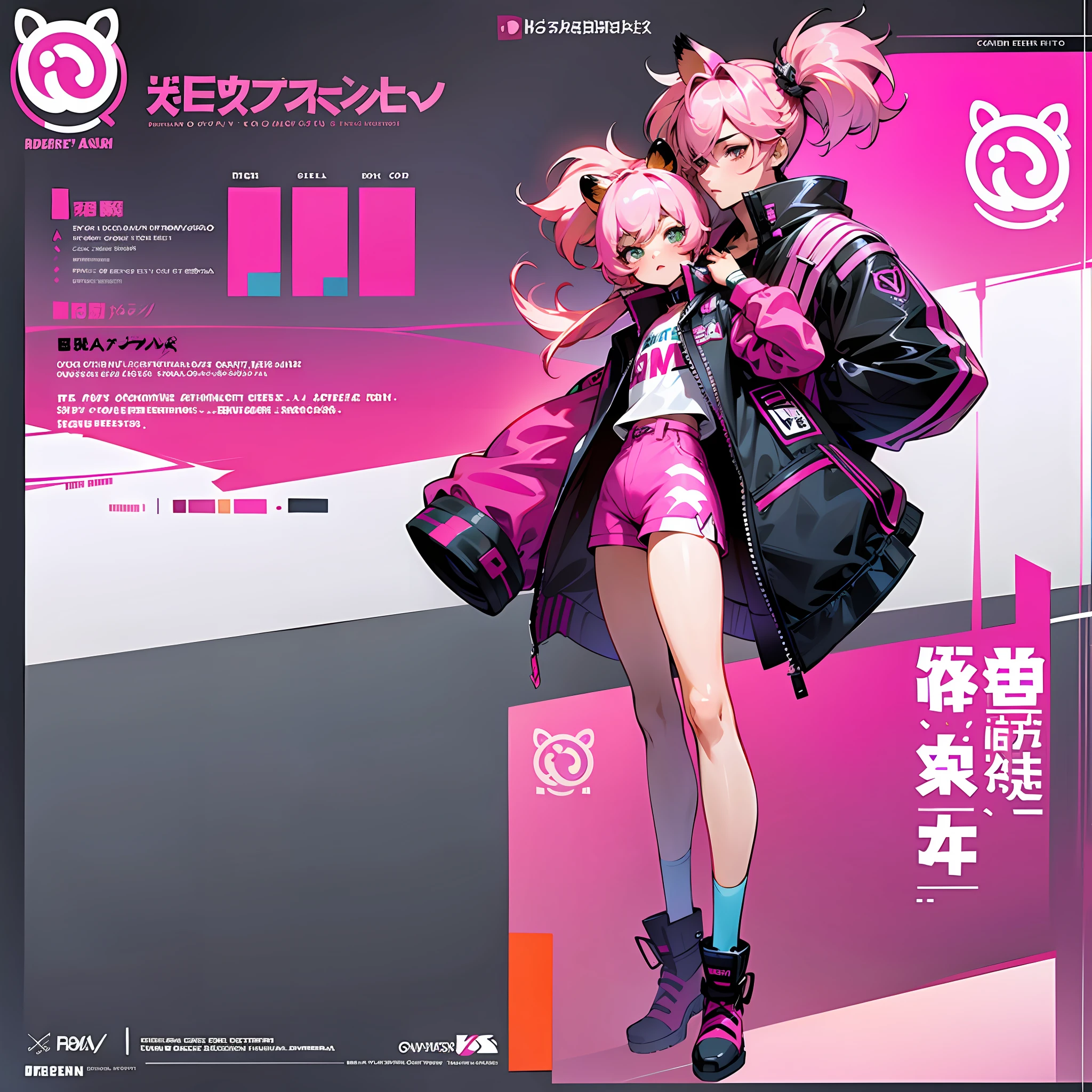 character reference sheet, concept art, cute boy, femboy, beautiful legs, tiger ears, pink hair, two ponytails, gamer