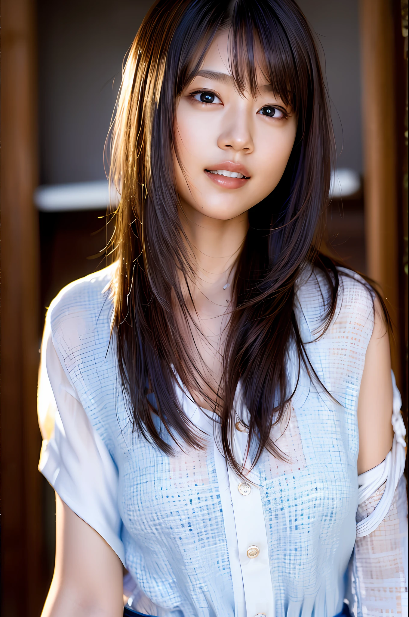 (8k, RAW photo, best quality, masterpiece:1.2), (realistic, photo-realistic:1.37), ultra-detailed, ultra high res,1 girl,looking at viewer,beautiful detailed face,smile,narrow,(slim waist:1.3),shirt, beautiful detailed skin, skin texture, floating hair,professional lighting,