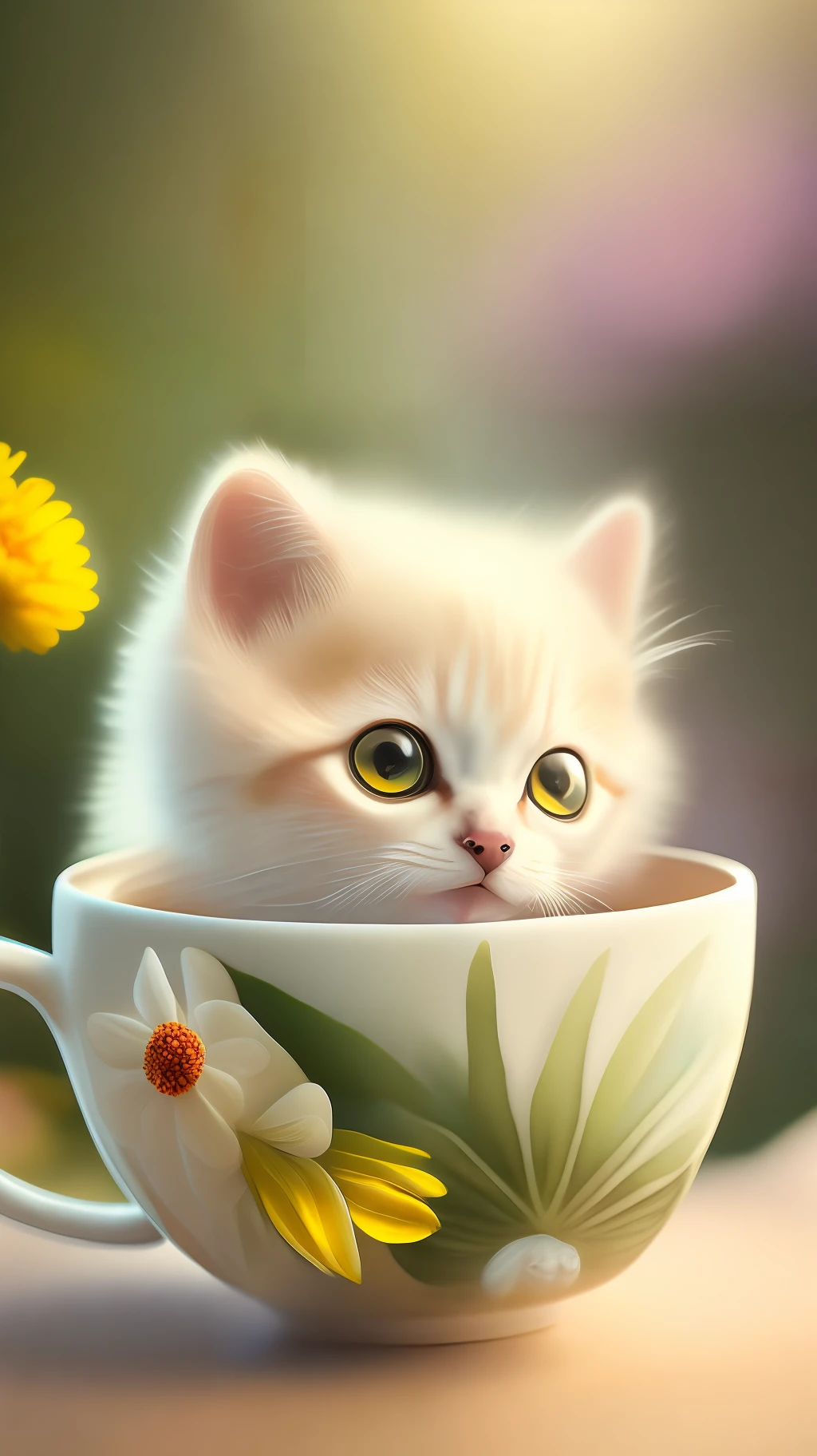 Very cute white tropicalpunk kitten, big eyes, in a cup, laughter, excitement, flowers, professional light, depth of field 8k, golden magic moment, professional photography, octane rendering, super realistic - amazing sunlight, dynamic composition, photography, sharp focus, bokeh