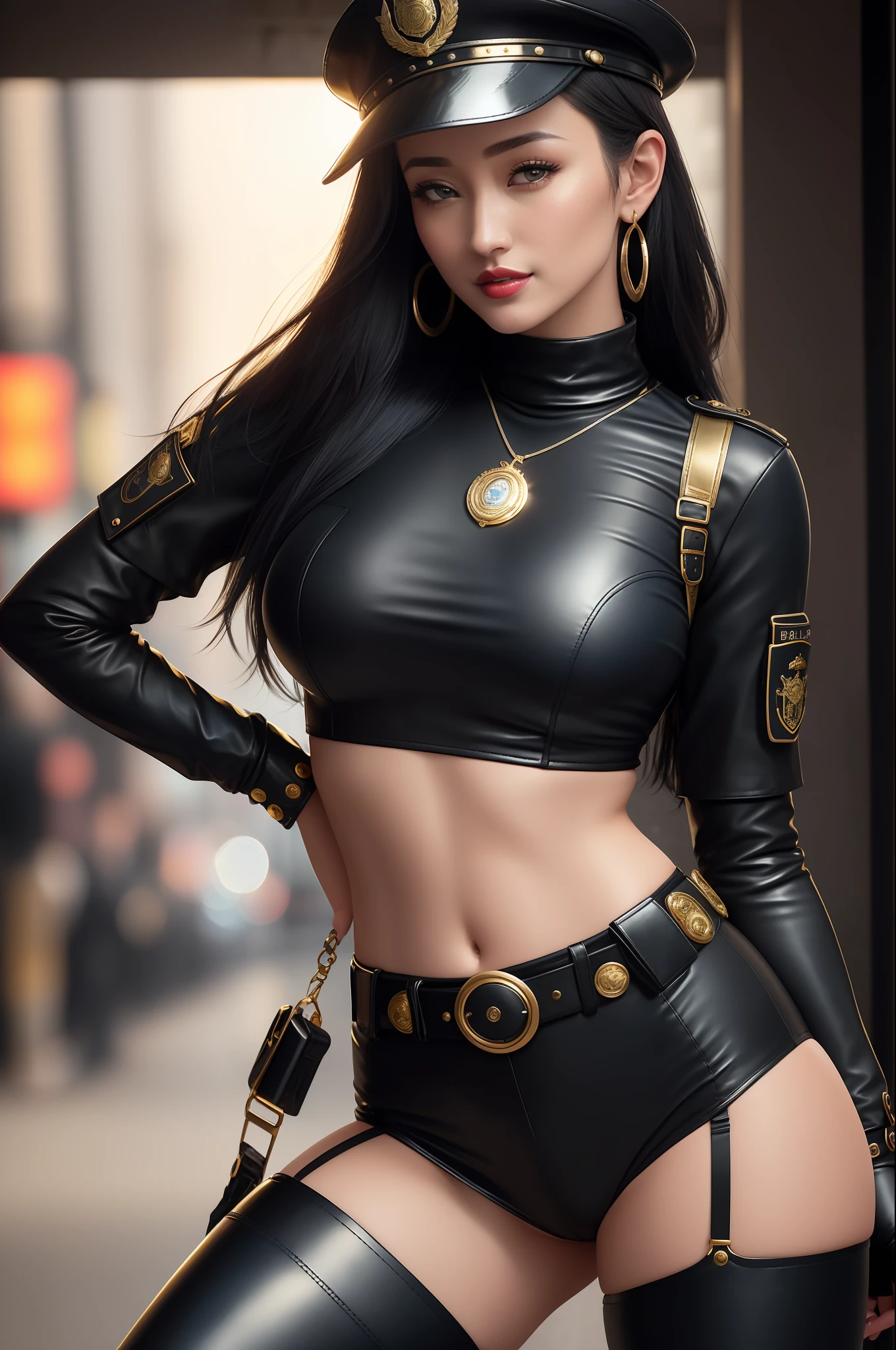 maggie q super sexy, with long black hair at hip height, dressed as an FBI cop, with cap, red lipstick, wearing sunglasses, sucking on a lollipop, with a sensual expression, in an open police uniform showing breasts, topless, solo, erotic, obscene, sexy, big tits, sexy belly, ((sexy_pose)) smiling wearing (transparent saree) lying in bed at midnight, full body (city, street, Times Square, long hair, photorealistic, 1girl, fighter, erotic pose, ), best quality, intricate details, looking at the viewer, ultra realistic 8k CG, perfect face, flawless, clean, masterpiece, professional artwork, famous art, cinematic lighting, cinematic flower, perfect face, beautiful face, beautiful eyes, ((perfect female body, narrow waist)), blurred background, boots, breasts, cowboy boots, cowboy, headgear, headband, crowd, depth of field, fingerless gloves, gloves, lacy gloves, large breasts, leather, leather gloves, looking at the viewer, toned body, sunlight, jewelry, (dynamic angle:1.2), (dynamic pose:1.2) lace, fish net, lace trim, hair ornament, gold necklace, earrings, bracelet, armband, ((dark blue hair, blue short-sleeved police uniform, Fitted design, gold trim, brass buttons, double chest, turtleneck, black and gold belt, black leather gloves, police badge, utility belt with pockets, handcuffs, ammunition, blue pants, knee-length black leather boots with gold details, robust and practical design))