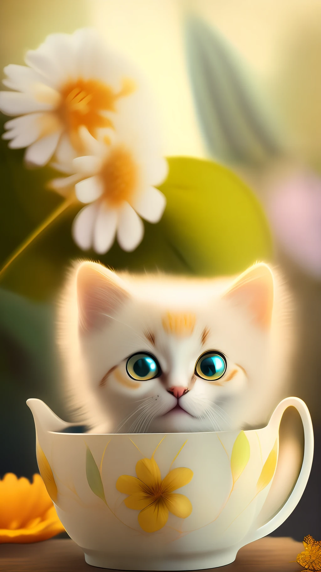 Very cute white tropicalpunk kitten, big eyes, in a cup, laughter, excitement, flowers, professional light, depth of field 8k, golden magic moment, professional photography, octane rendering, super realistic - amazing sunlight, dynamic composition, photography, sharp focus, bokeh