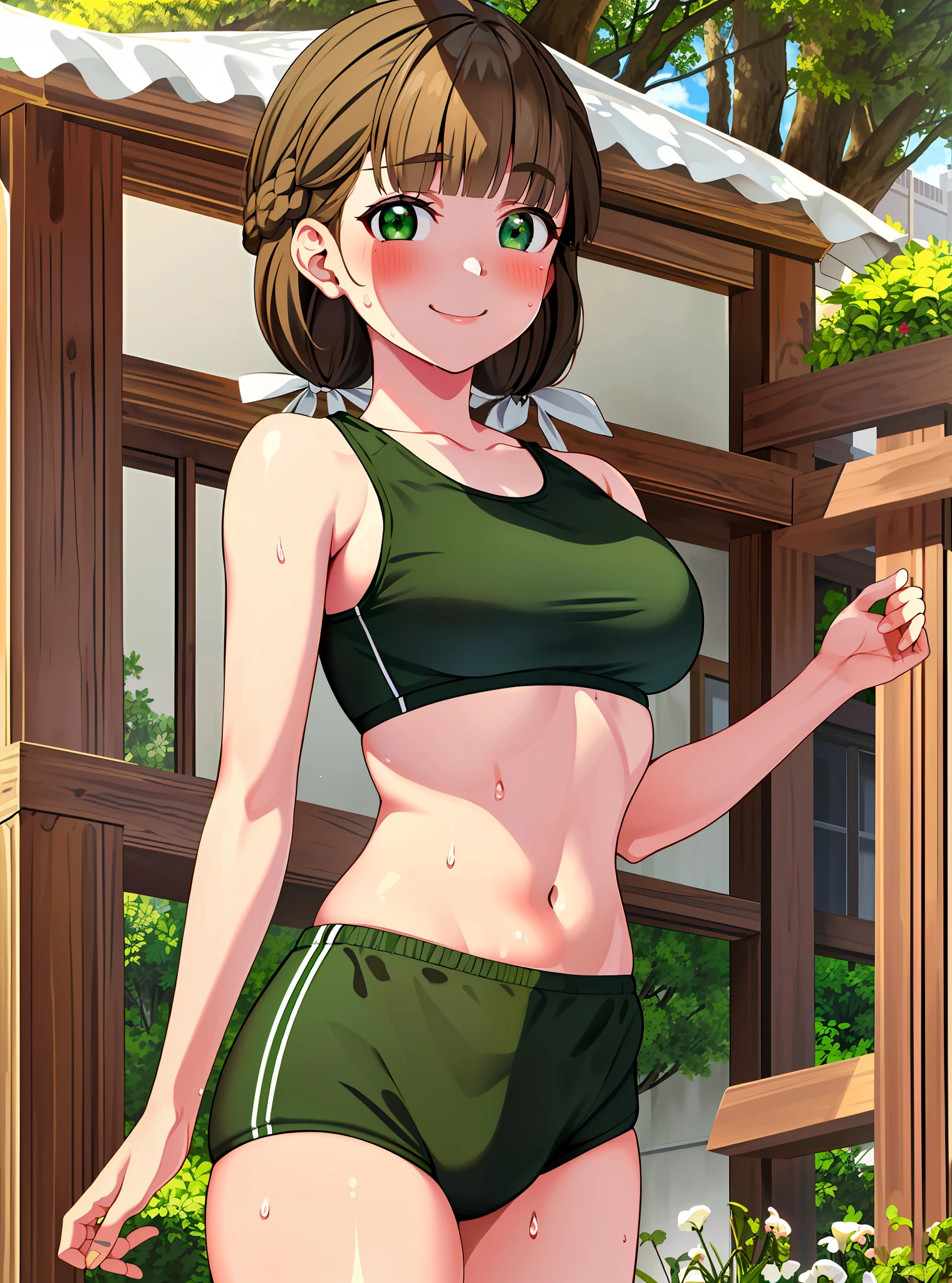 masterpiece, (best quality:1.2), detailed, highres, _kinako_, (solo), (brown hair:1.1), (low twintail:1.1), hair ribbon, (green eyes:1.2), (blunt bangs:1.2), ((sweat)), (blush:1.2), (smile:1.2), (standing:1.2), (sports bra:1.2), navel, bare arms, thighs, medium breasts, (looking at viewer:1.3), detailed eyes, detailed hair, (outdoors:1.2), (sky:1.3), sunny day, (high details)