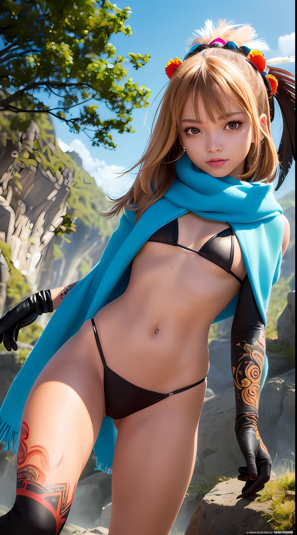 {{full color}}, {{medium shot}, tight framing}, (side by side), {(three) (young american indian girls), anime style, petite, cute}, {wearing (earth-colored bikini lingerie), (long gloves), (cotton scarf), (feather headdress)}, evil smile, (hair tied), (looking visualizer), {slender figure, mayor's anatomy}, {arms behind back, hidden hands}, {(face painting), (body painting), lot of (tribal tattoos)}, (skin pores, skin texture, subsurface scattering), (absurd), (masterpiece, best quality, ultra thin), (hyper detailed, beautiful face detailed, insanely detailed skin, insanely detailed resolution, ultra texture, perfect detailed face, sharp focus, blurred, clarity, sharp, octane render, unreal engine, low iso, sharp edges), (cinematic color classification, photorealistic, ultrarealistic, sunny landscape in daylight, natural lighting, HDR), (DOF, bokeh, atmospheric)