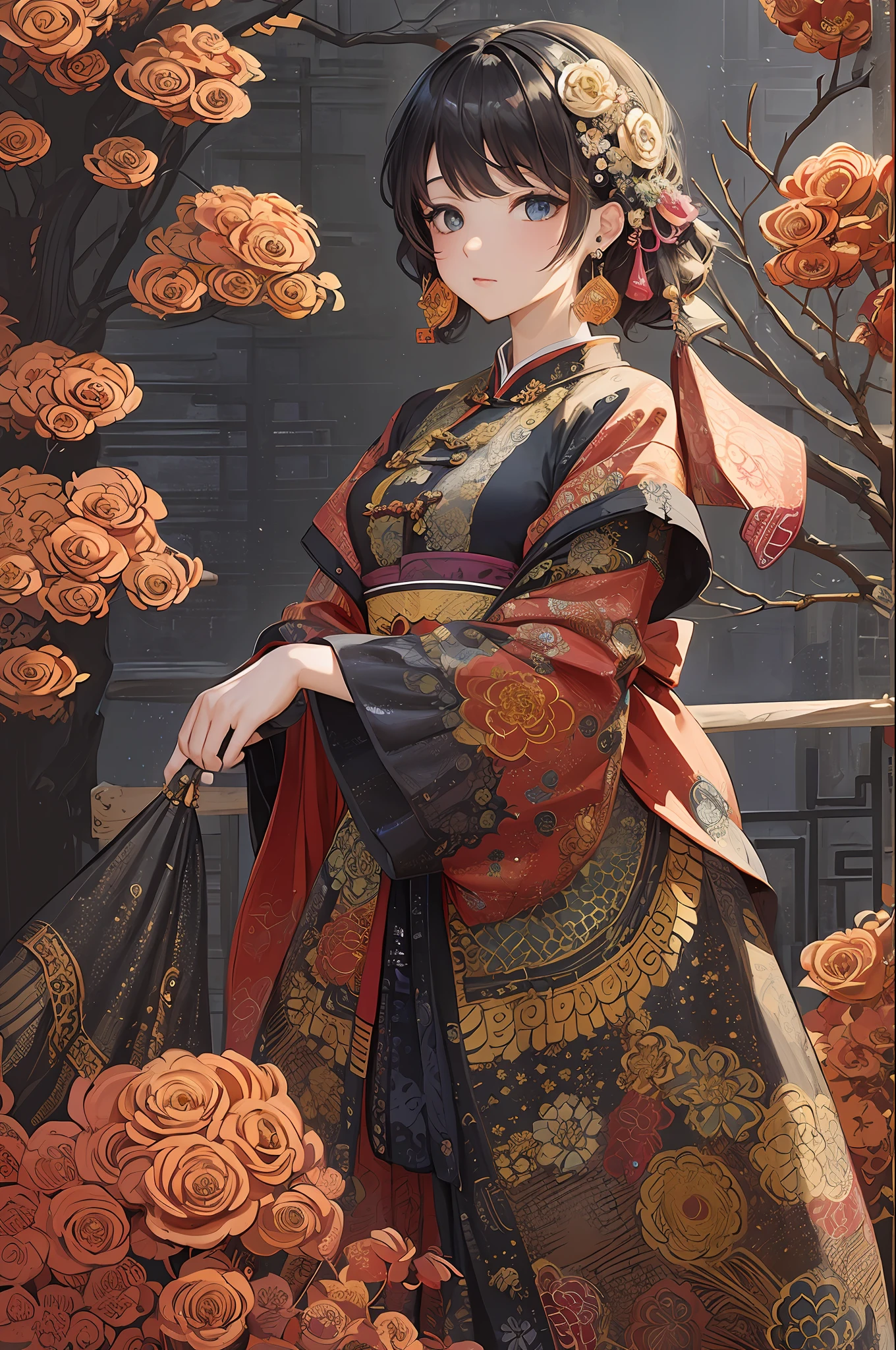 (Masterpiece, Top Quality, Best Quality, Official Art, Beauty and Aesthetics: 1.2), (1girl: 1.3), Very Detailed, (Fractal Art: 1.1), (Color: 1.1) (Flowers: 1.3), Most Detailed, (Zentangle: 1.2), (Abstract background: 1.3), (Chinese Traditional cloth: 1.2), ((2.5D), (many colors:1.4), ,(earrings:1.4),