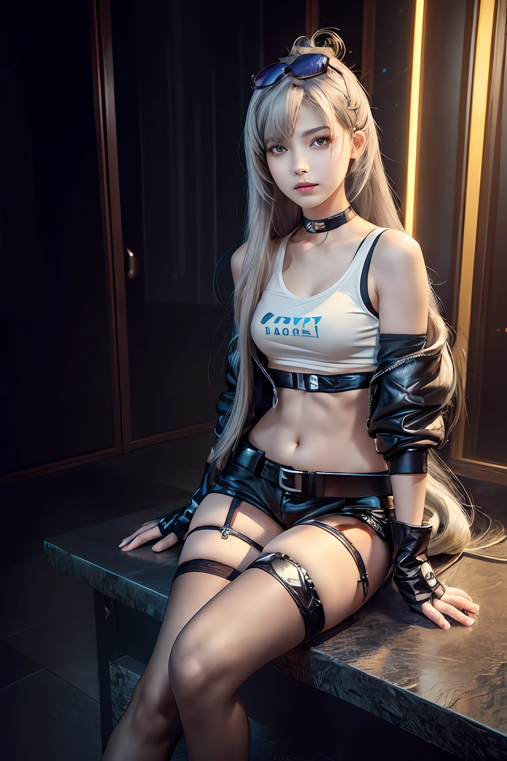 (RAW photo, best quality), (realistic, photo-realistic:1.3), masterpiece, an extremely delicate and beautiful, extremely detailed, CG, unity , 2k wallpaper, Amazing, finely detail, light smile, extremely detailed CG unity 8k wallpaper, huge filesize, ultra-detailed, highres, absurdres, soft light,1girl, SilverWolfV4, (full body:1.3), ((dynamic lighting,depth of field)),Wide angle view,((small breasts)),  split breasts, solo, cyberpunk,outdoors, neon-lit stars background, sit,raise one thigh, crossed legs, raise one naked foot, another foot half take-off black silk pantyhose, cute, young, realistic face, baby face, beautiful detailed girl,  (((long hair:1.3), silk grey white hair, floating drill hair  novafrogstyle)), grey eyeballs, extremely detailed eyes and face, beautiful detailed nose, beautiful detailed eyes, long eyelashes, realistic body, light on face,looking at viewer, full body, cosplay,detailed fingers, beautiful detailed thigh, shirt, gloves, long sleeves, navel, jewelry, jacket, white shirt, thighs, shorts, choker, black gloves, midriff, belt, fingerless gloves, armpits, stomach, black jacket, crop top, short shorts, single thigh strap, black shorts, eyewear on head,   bubble blowing, chewing gum