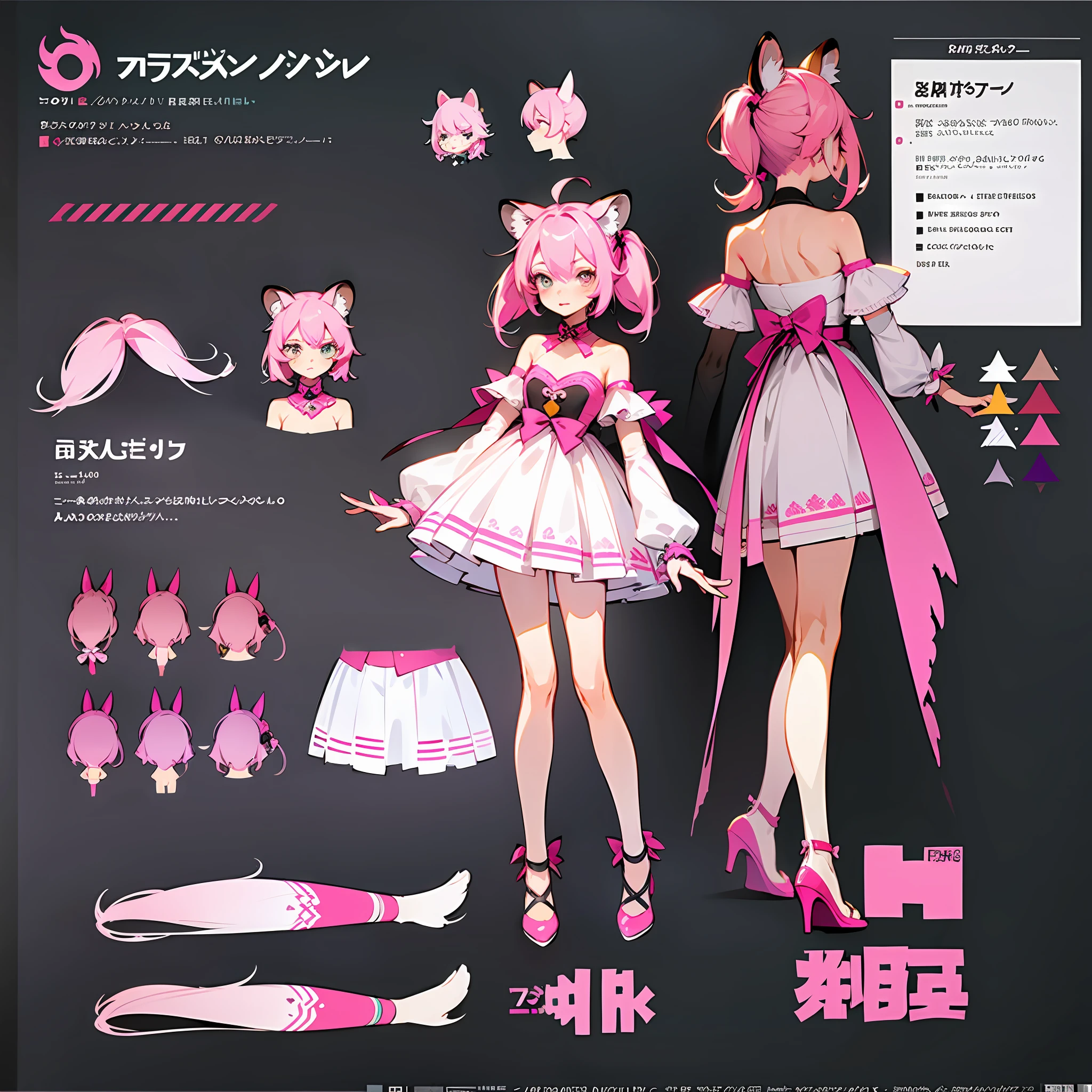 character reference sheet, concept art, cute boy, femboy, beautiful legs, tiger ears, pink hair, two ponytails, gamer