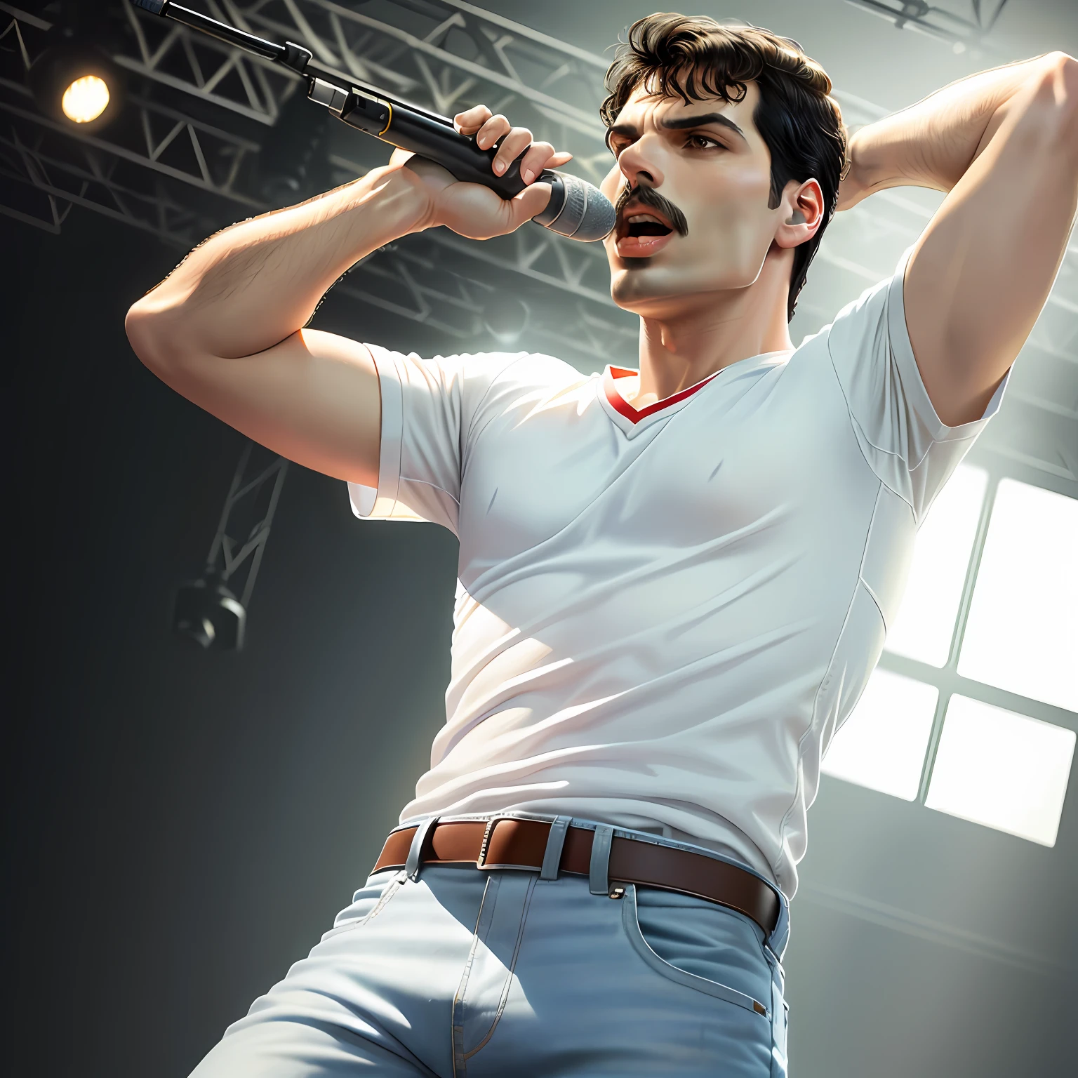 Freddie Mercury,Short Hair,White Shirt,Jeans,Singing,Realistic Picture,HD