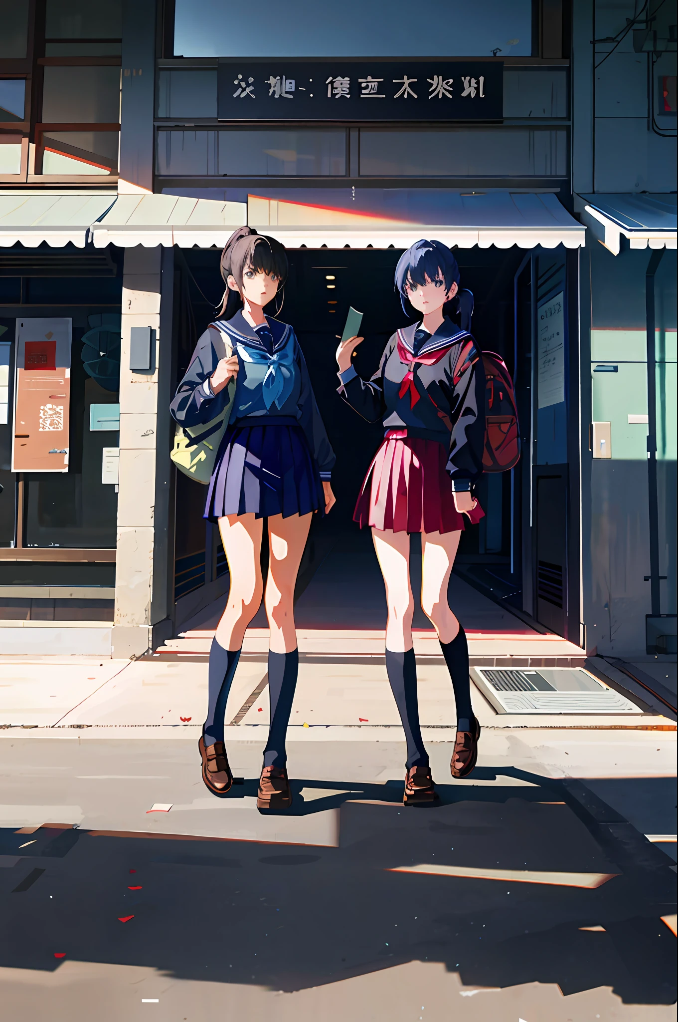 3girl, dormitory, school uniform, backpack, holding a book, ponytail, trends on artstation, 8k resolution, very detailed, anatomically correct, clear images, digital painting, concept art, trends on pixiv, Shinkai Makoto style,