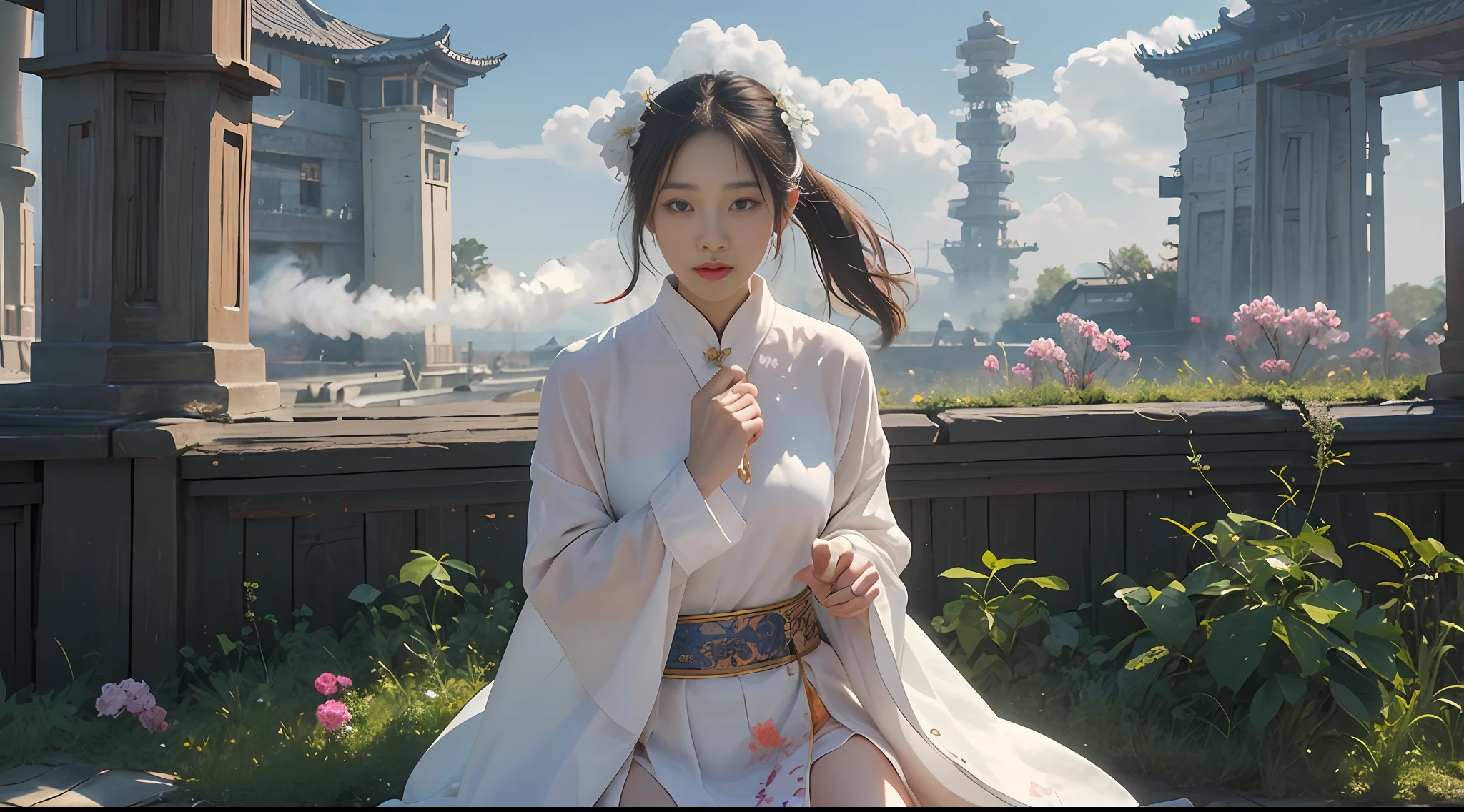NSFW, Zhongfenghua, 2 girls, solo, hanfu, ancient_Chinese_architecture, flower field, flowers, (white smoke:1.3) (realistic:1.4), zen entanglement, mandala, tangled, official art, Unity 8k wallpaper, super detailed, beautiful and beautiful, masterpiece, best quality, (dynamic angle: 1.4), glowing skin, (floating colorful flashes: 1) the most beautiful chaotic forms, elegant, brutalist design, Bright colors, romantic depth of field exotic_dance, sheer shirt: 1.4)), skirt, white stockings, (masterpiece, best quality)