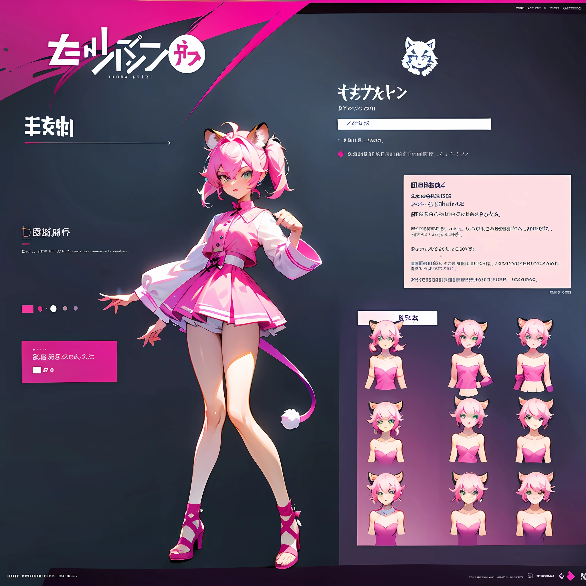 character reference sheet, concept art, cute boy, femboy, beautiful legs, tiger ears, pink hair, two ponytails, gamer