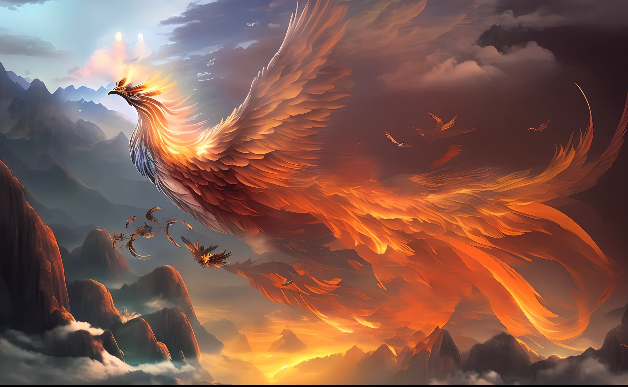 The gorgeous and mysterious Chinese phoenix soars in the vast sky, showing its proudness and thousands of shapes, and can also dance among the beautiful mountains.