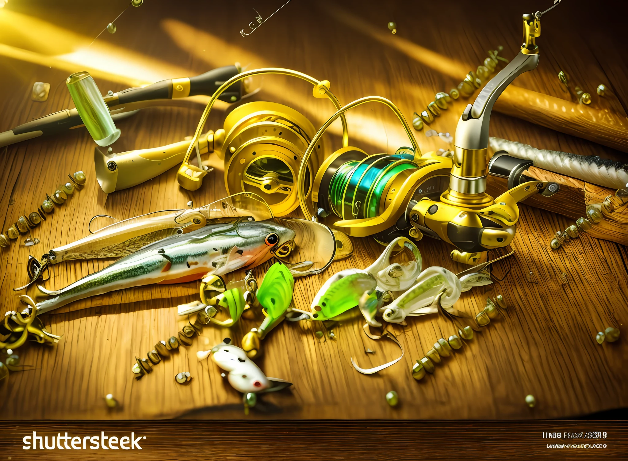 fishing tackle and lures on a wooden table with sunlight, shutterstock, trending on shutterstock, high quality product image”, bead and reel, photo render, fishing pole, shining golden hour, high quality photo, high quality detailed, morning golden hour, hyper realistic detailed render, beautiful high resolution, best on adobe stock, big bass fishing, istock, high detailed photo