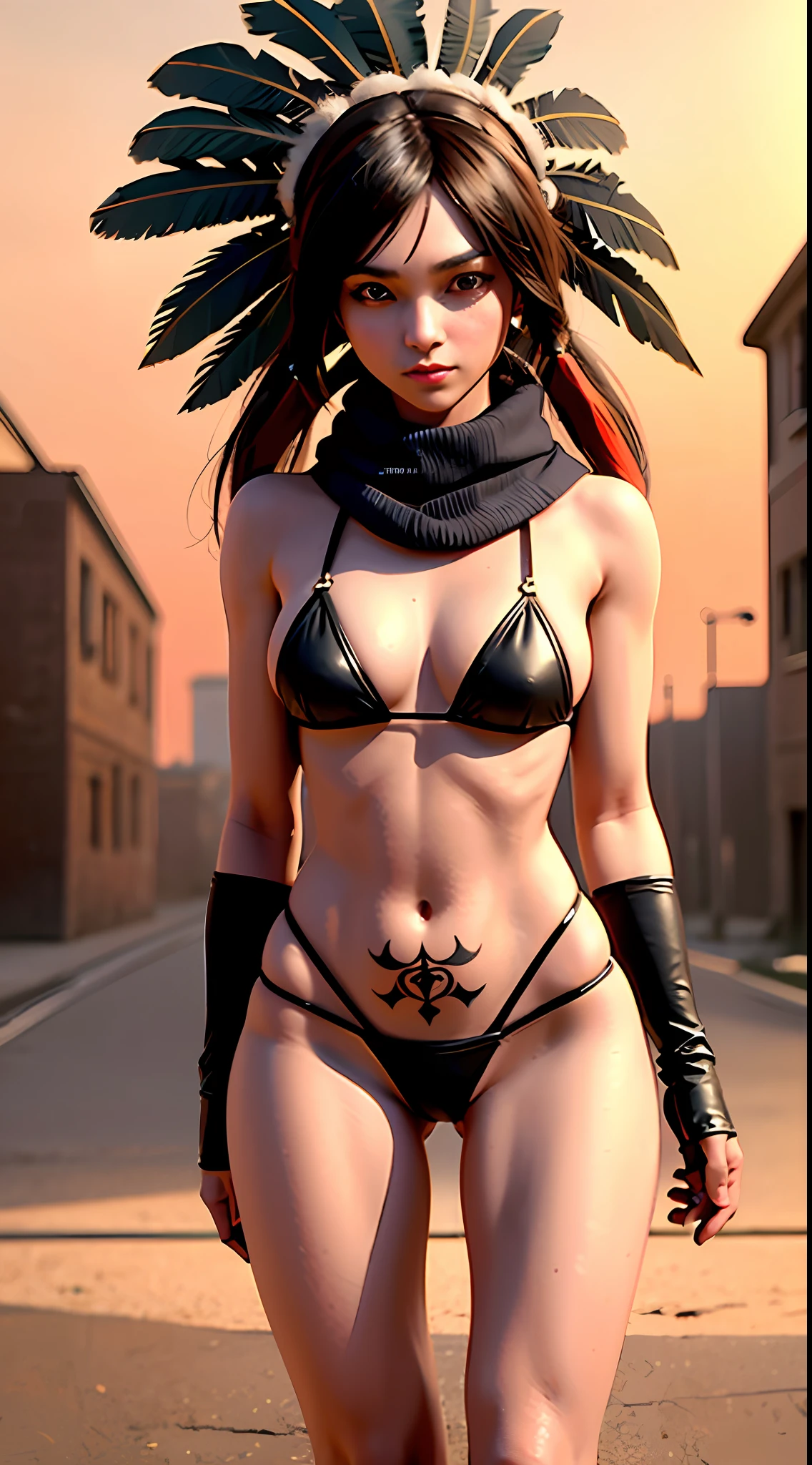 {{full color}}, {{medium shot}, tight framing}, (side by side), {(three) (young american indian girls), anime style, petite, cute}, {wearing (earth-colored bikini lingerie), (long gloves), (cotton scarf), (feather headdress)}, evil smile, (hair tied), (looking visualizer), {slender figure, mayoral anatomy}, {arms behind back, hidden hands}, {(face painting), (body painting), lot of (tribal tattoos)}, (skin pores, skin texture, subsurface scattering), (absurd), (masterpiece, best quality, ultra thin), (hyper detailed, beautiful face detailed, insanely detailed skin, insanely detailed resolution, ultra texture, perfect detailed face, sharp focus, blurred, clarity, sharp, octane render, unreal engine, low iso, sharp edges), (cinematic color classification, photorealistic, ultrarealistic, sunny landscape in daylight, natural lighting, HDR), (DOF, bokeh, atmospheric)