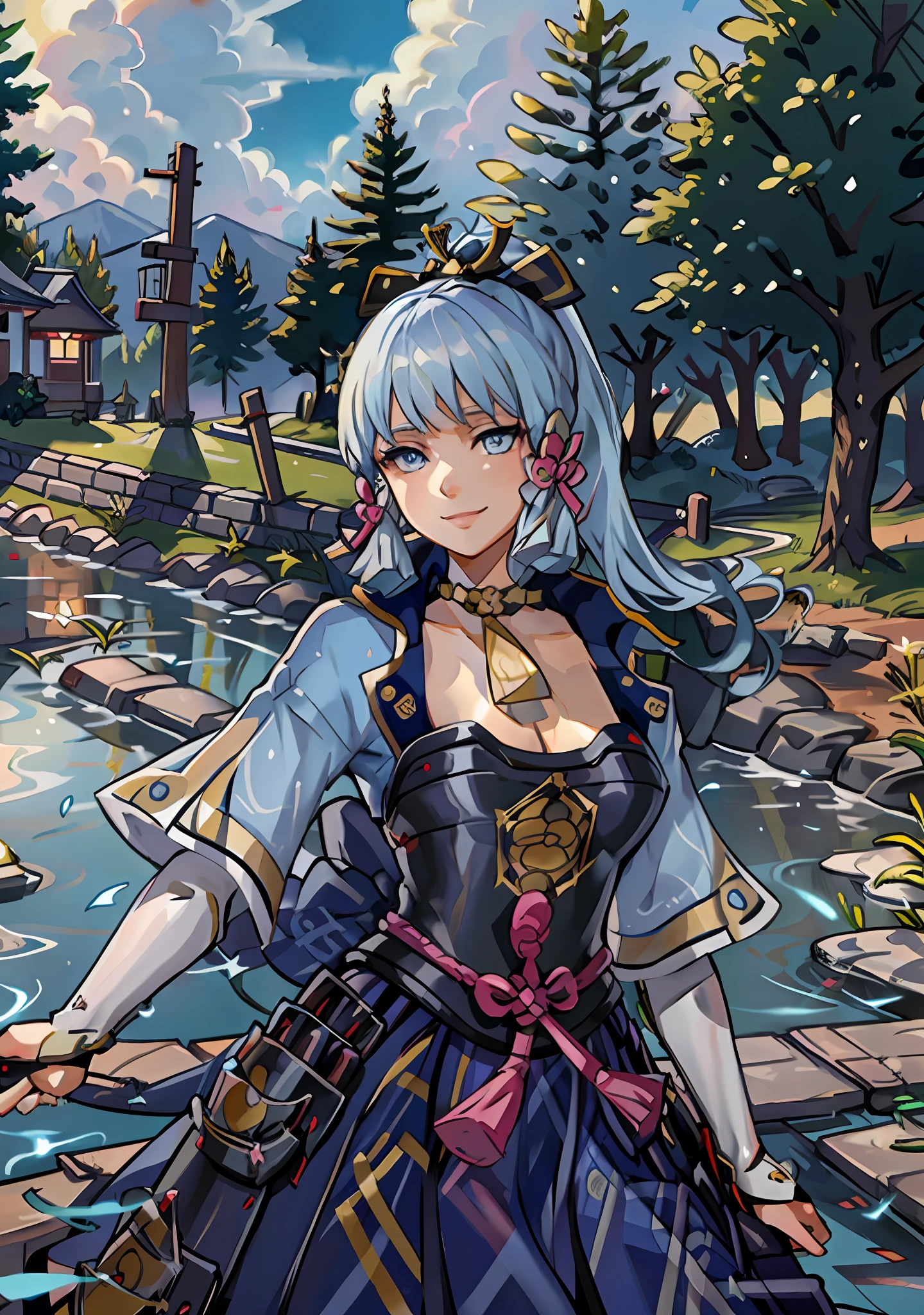 (masterpiece), (best quality), (ultra detailed),(disheveled hair),(illustration), (1girl), standing, smiling, beautiful detailed eyes, light blue eyes, detailed beautiful face, (kamisato ayaka: 1.2), focus on face, ponytail, kamisato ayaka(genshin impact), light blue hair, detailed hair, bangs, best lighting, best shadow, highly detailed, vibrant, anime style
