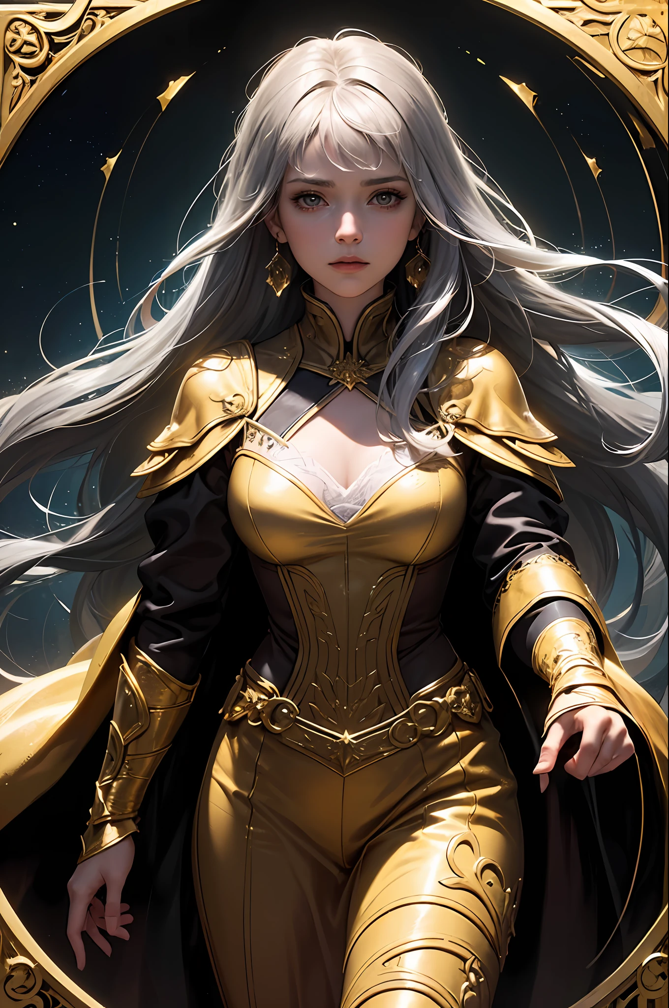 (Front Focus), (In the Dark: 1.6), A Woman Wearing Gorgeous Golden Robe, Fantasy Art, Photo Realism, Dynamic Lighting, Artstation, Poster, Volumetric Lighting, Very Detailed Face, 4 K, Award-Winning 1girl, In the Dark, Deep Shadow, Low Key, Cowboy Shot, (Official Uniform: 1.4), Long Hair, Gray Hair