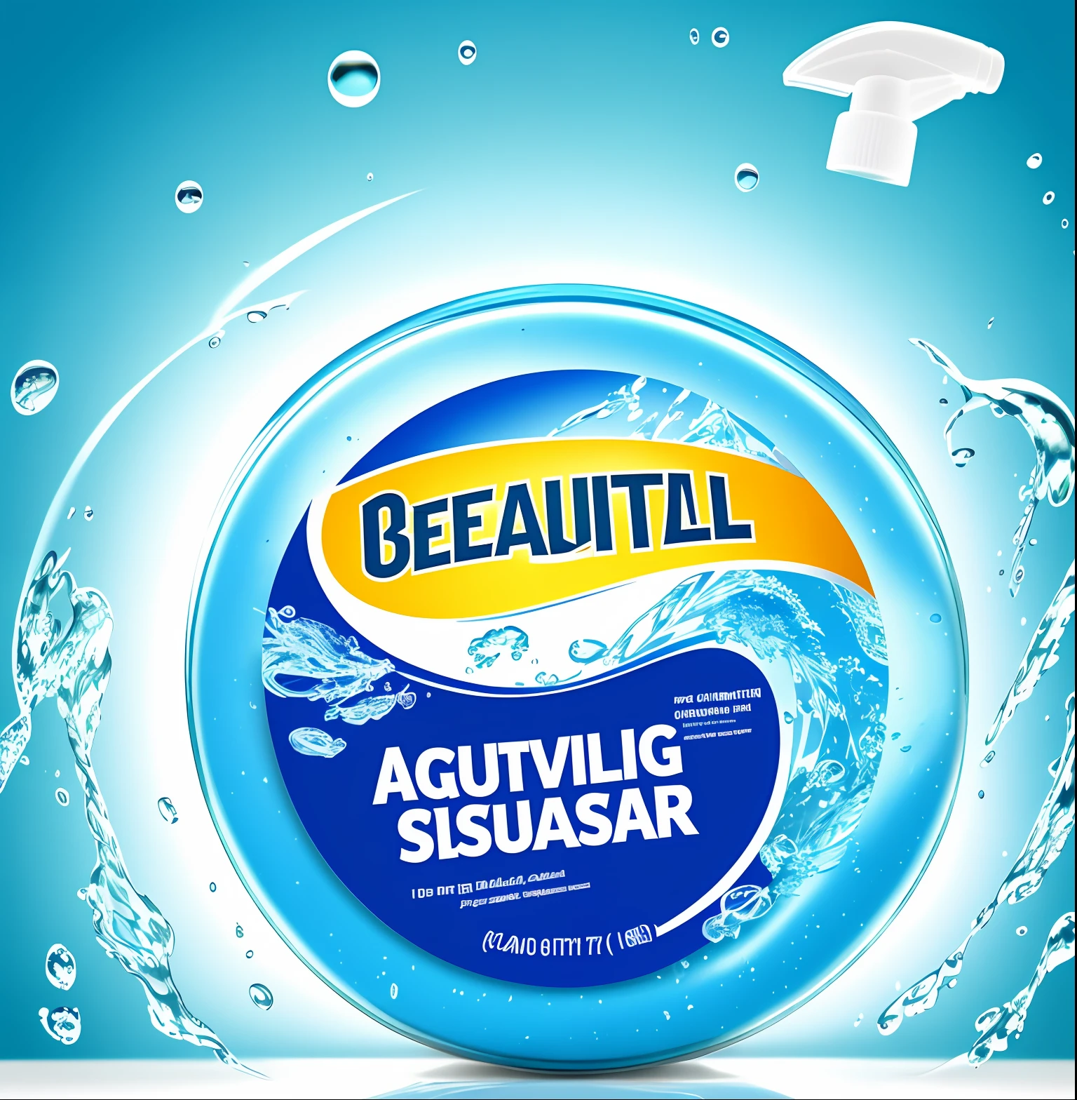 Gallon of cleaning product, Aquatic-themed label (beautiful, perfect, creative), cleaning tourbillon, floating water droplets, cleaning product, advertising, behance reference