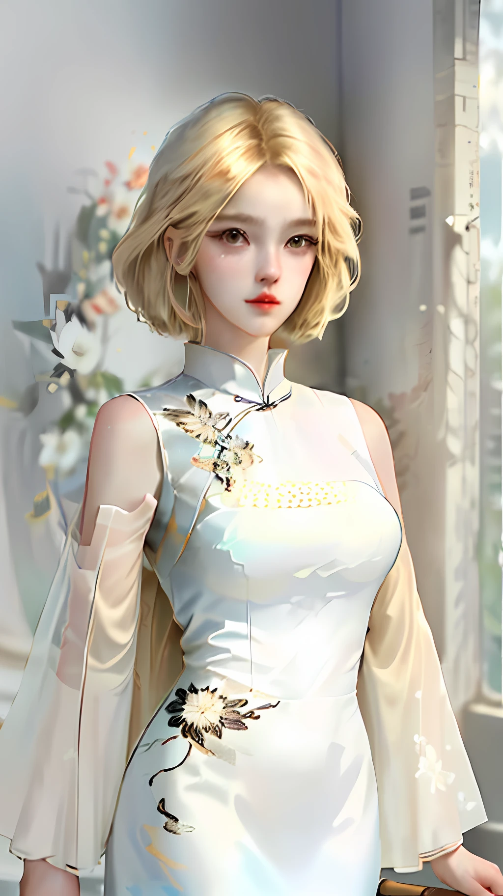 Best image quality, super high precision, very detailed CG drawing, (((masterpiece)), huge, large, short hair, messy hair, sweet, charming, blonde hair, blonde pattern, white cheongsam, slender, slim